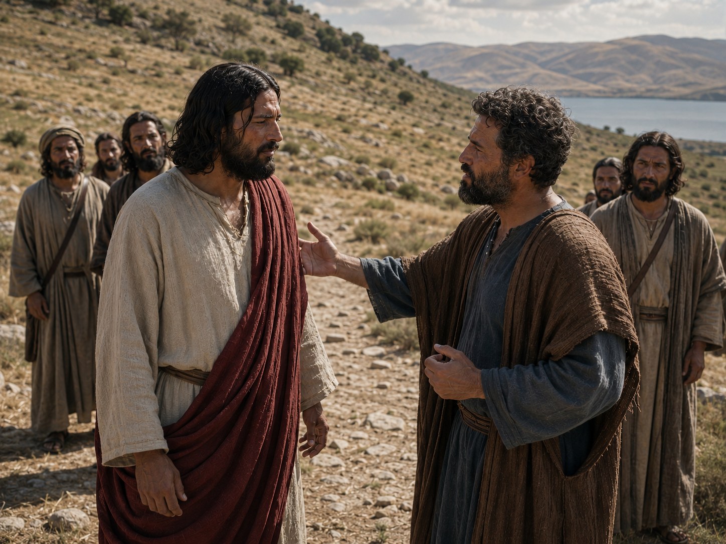 Dois homens de vestes antigas afastados alguns passos de um grupo numa estrada de terra; um deles segura o braço do outro e fala baixo, com expressão preocupada.