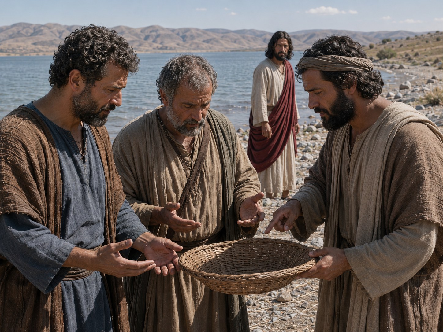 Grupo de homens reunidos em círculo à beira de um lago, conversando em voz baixa entre si, enquanto outro homem os observa à distância.