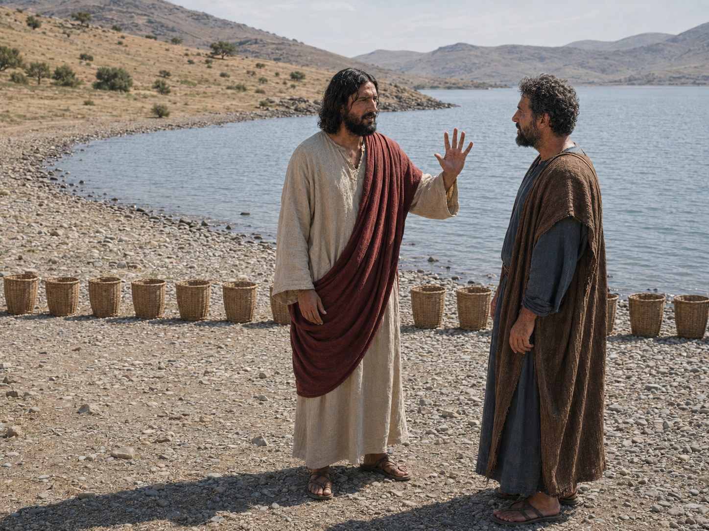 Homens de túnica carregando cestos de vime cheios de pedaços de pão, ao entardecer, com uma multidão dispersando-se ao fundo numa encosta de relva junto ao lago.