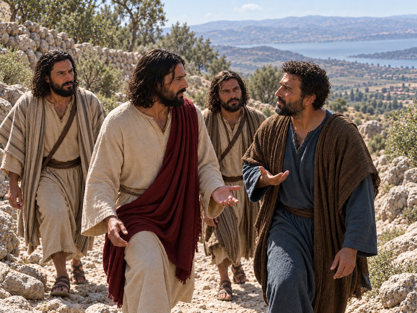 Três discípulos caminhando atrás de Jesus numa trilha de montanha, um deles apressando o passo e estendendo a mão como quem faz uma pergunta, com vale e aldeia ao longe.