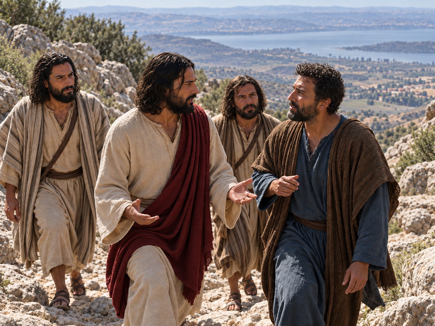 Jesus parado numa trilha rochosa, voltado para três discípulos, com a mão aberta em gesto de explicação, e ao fundo um vale com ruínas de muros de pedra sendo reerguidos por lavradores.