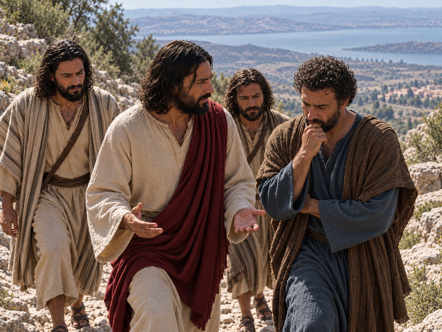 Jesus caminhando com três discípulos numa encosta ao entardecer, com o olhar sério voltado para eles, enquanto ao longe, no vale, se vê a silhueta de uma fortaleza sobre uma colina.