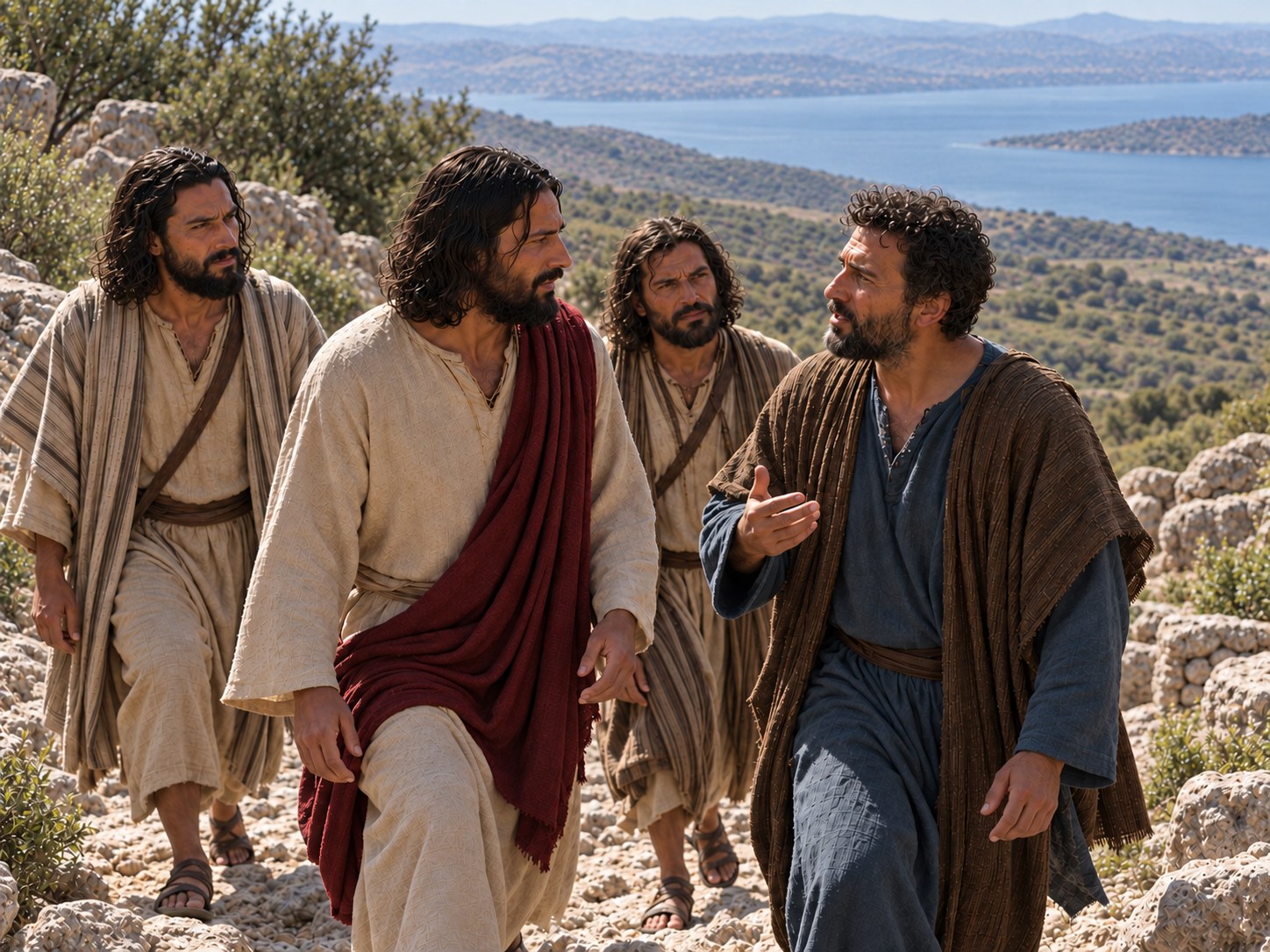 Três discípulos parados numa trilha de pedra, entreolhando-se com expressão de quem acaba de compreender algo, enquanto Jesus segue alguns passos à frente em direção a um vale onde se avista uma multidão.