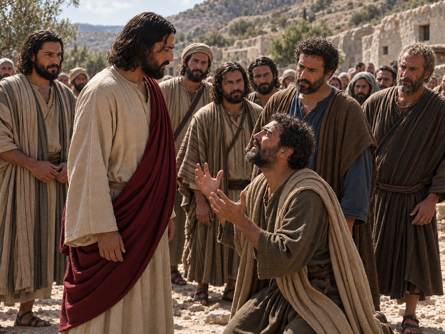 Ao pé de um monte, um homem de roupas simples ajoelhado diante de Jesus, que acaba de chegar com três discípulos, enquanto uma multidão observa ao fundo.