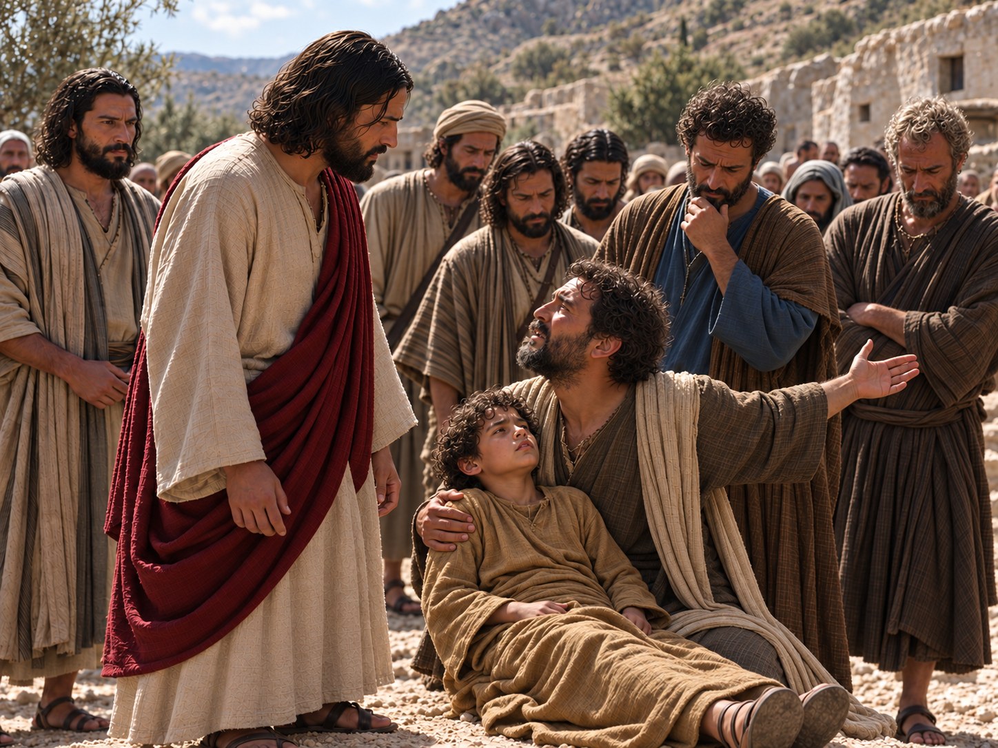 Grupo de discípulos em pé, cabisbaixos, ao lado de um menino deitado no chão, enquanto o pai do menino se volta para Jesus que chega ao longe.