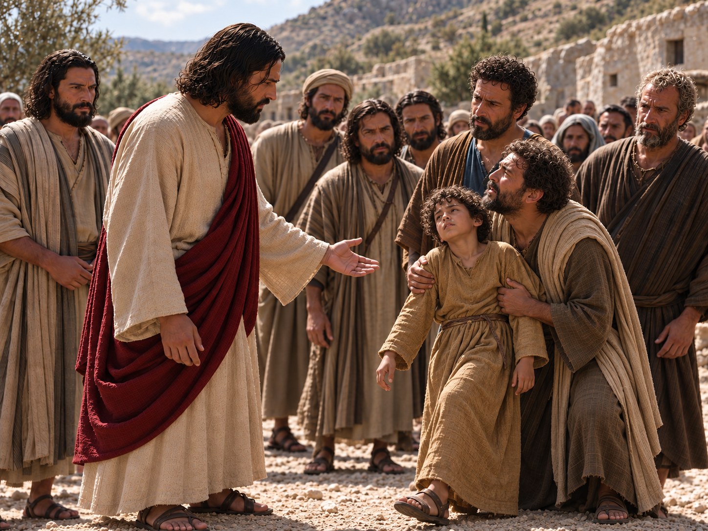 Jesus de pé, com expressão grave, voltado para um grupo de discípulos e uma multidão, com a mão estendida indicando que tragam alguém até ele.
