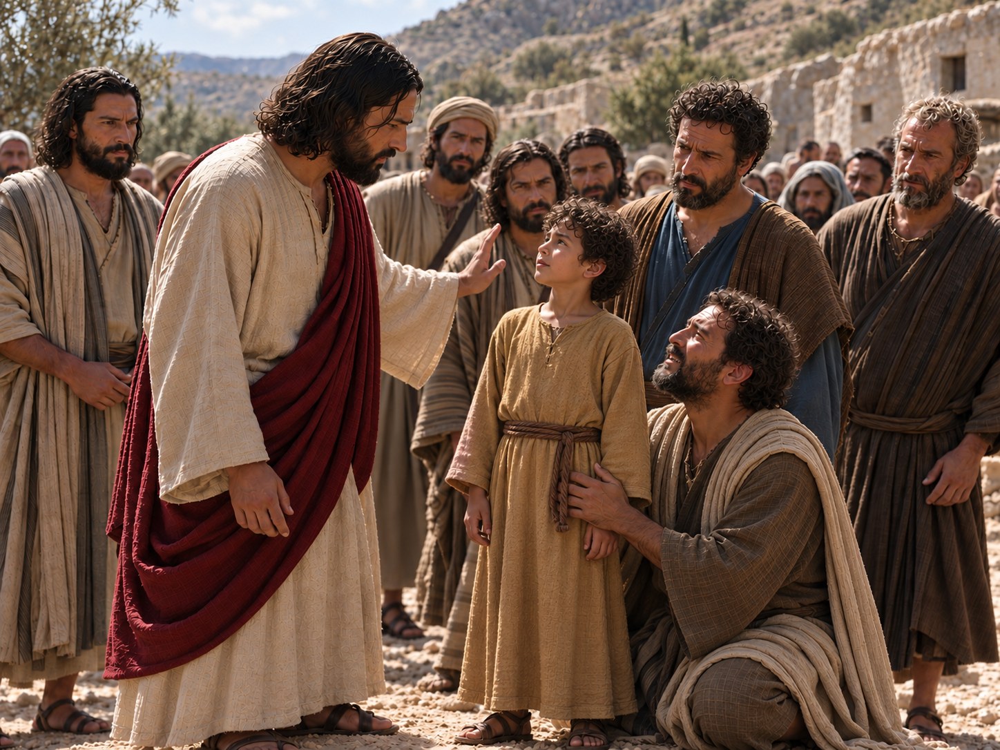 Jesus com a mão erguida em gesto de ordem diante de um menino deitado no chão, que começa a abrir os olhos, enquanto o pai se aproxima ajoelhado.