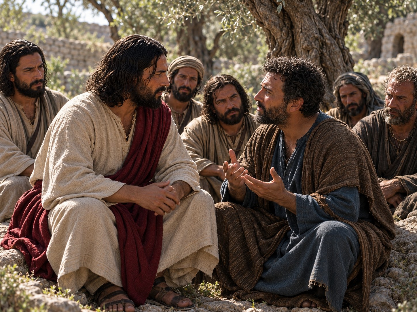 Os discípulos reunidos em volta de Jesus dentro de uma casa simples à luz de uma lamparina, um deles inclinado para a frente fazendo uma pergunta.