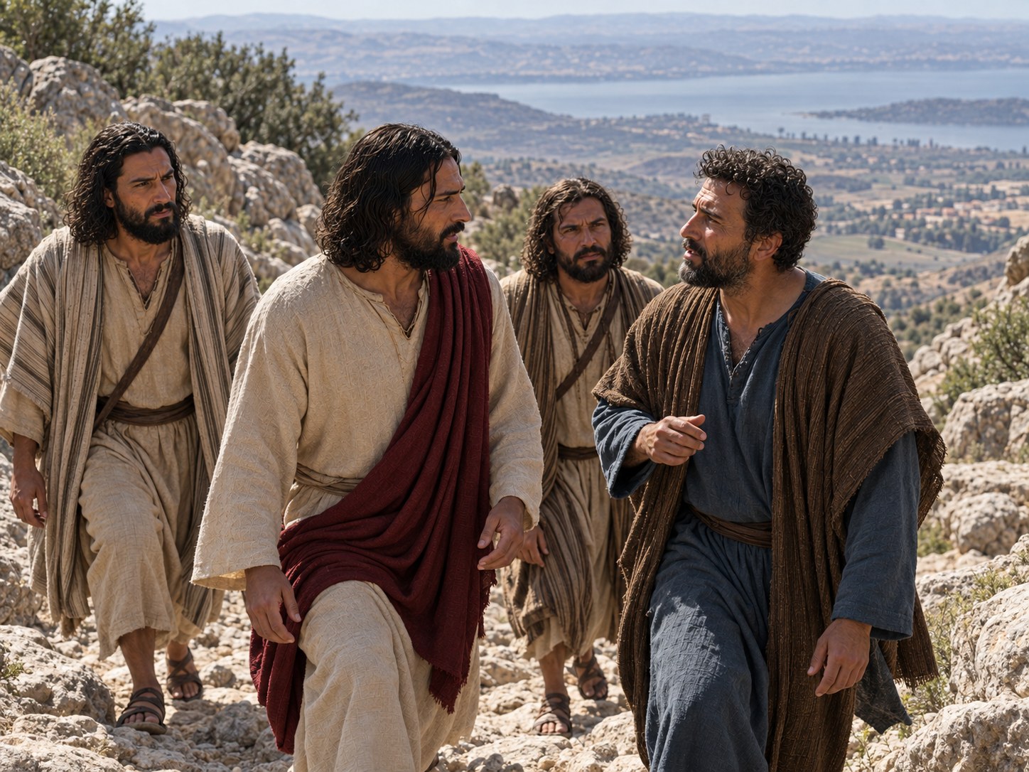 Três homens seguindo Jesus por uma trilha pedregosa na encosta de um monte alto, com a planície ficando para trás.