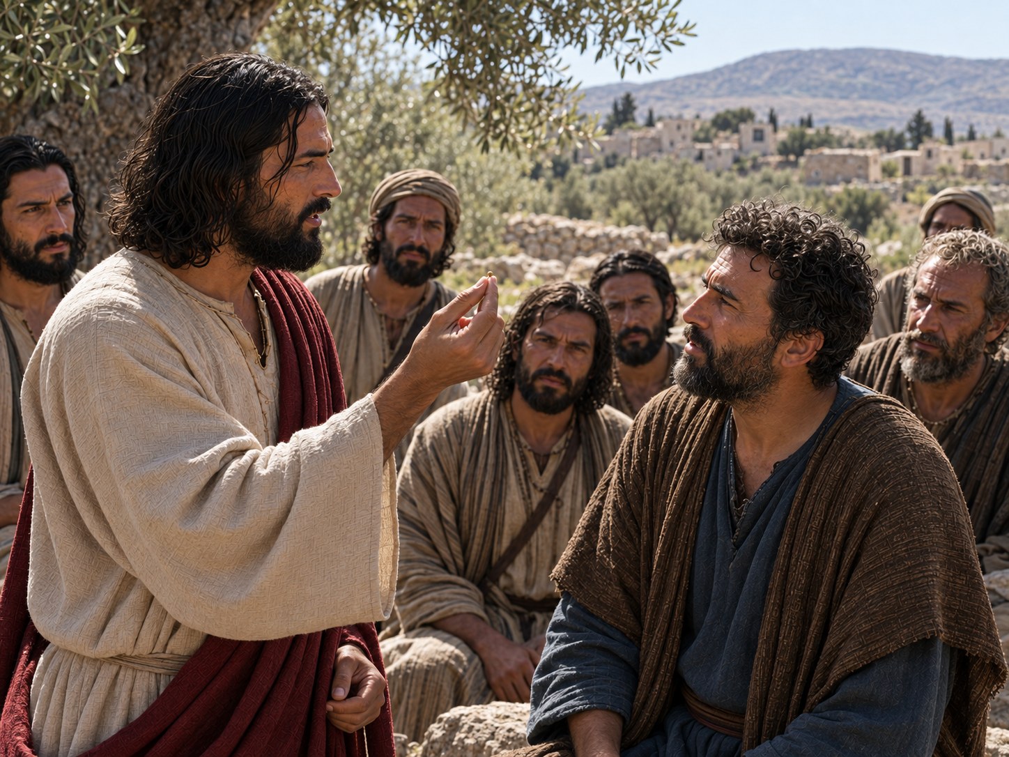 Jesus sentado com os discípulos ao pé de um monte, segurando entre os dedos um grão minúsculo, enquanto aponta com a outra mão para a montanha atrás deles.