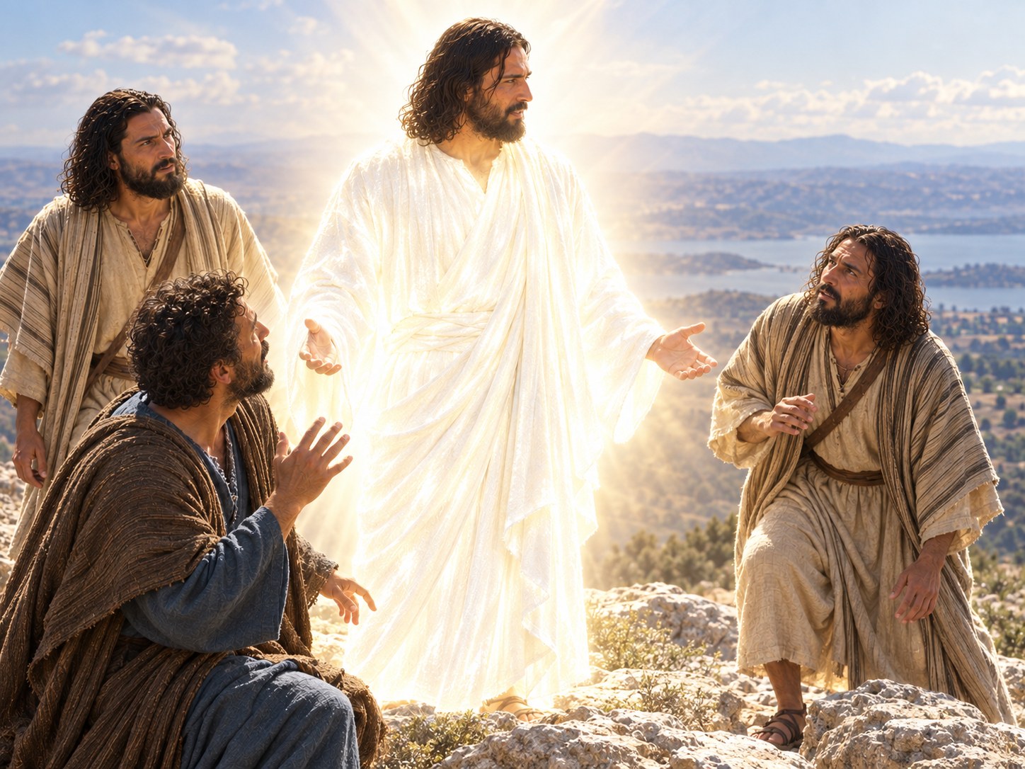 Jesus no alto de um monte com o rosto e as roupas irradiando uma luz branca intensa, enquanto três discípulos o observam de perto.