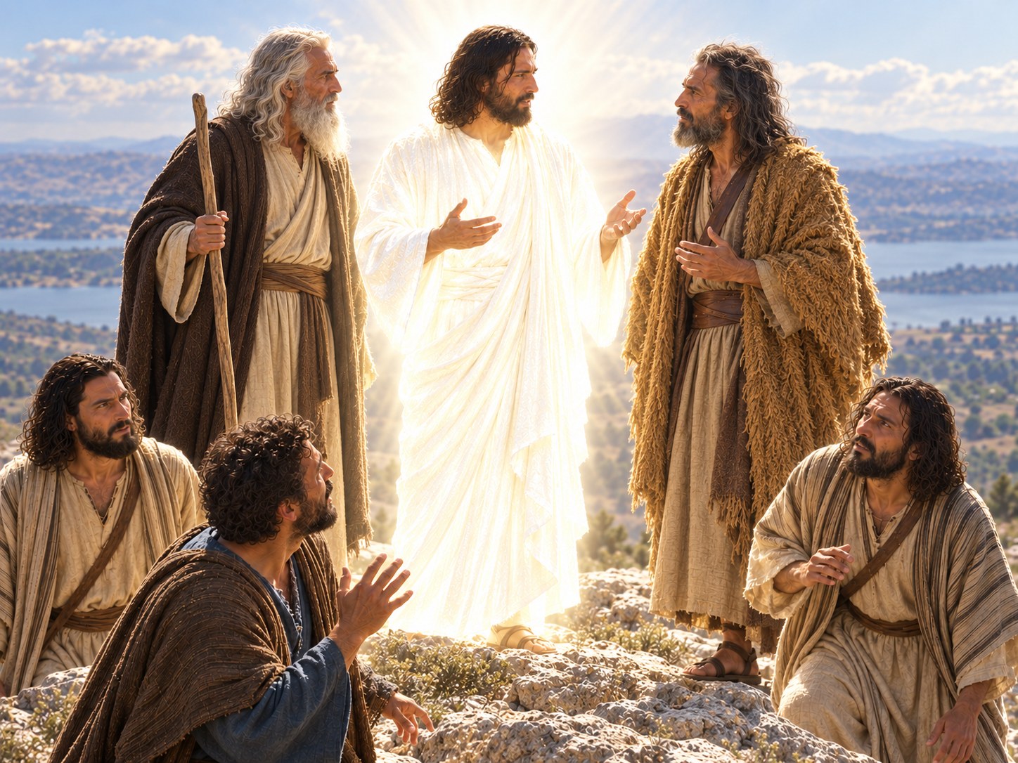 Dois homens de aparência antiga, envoltos em luz, conversando com Jesus no alto de um monte, enquanto três discípulos observam a alguns passos de distância.