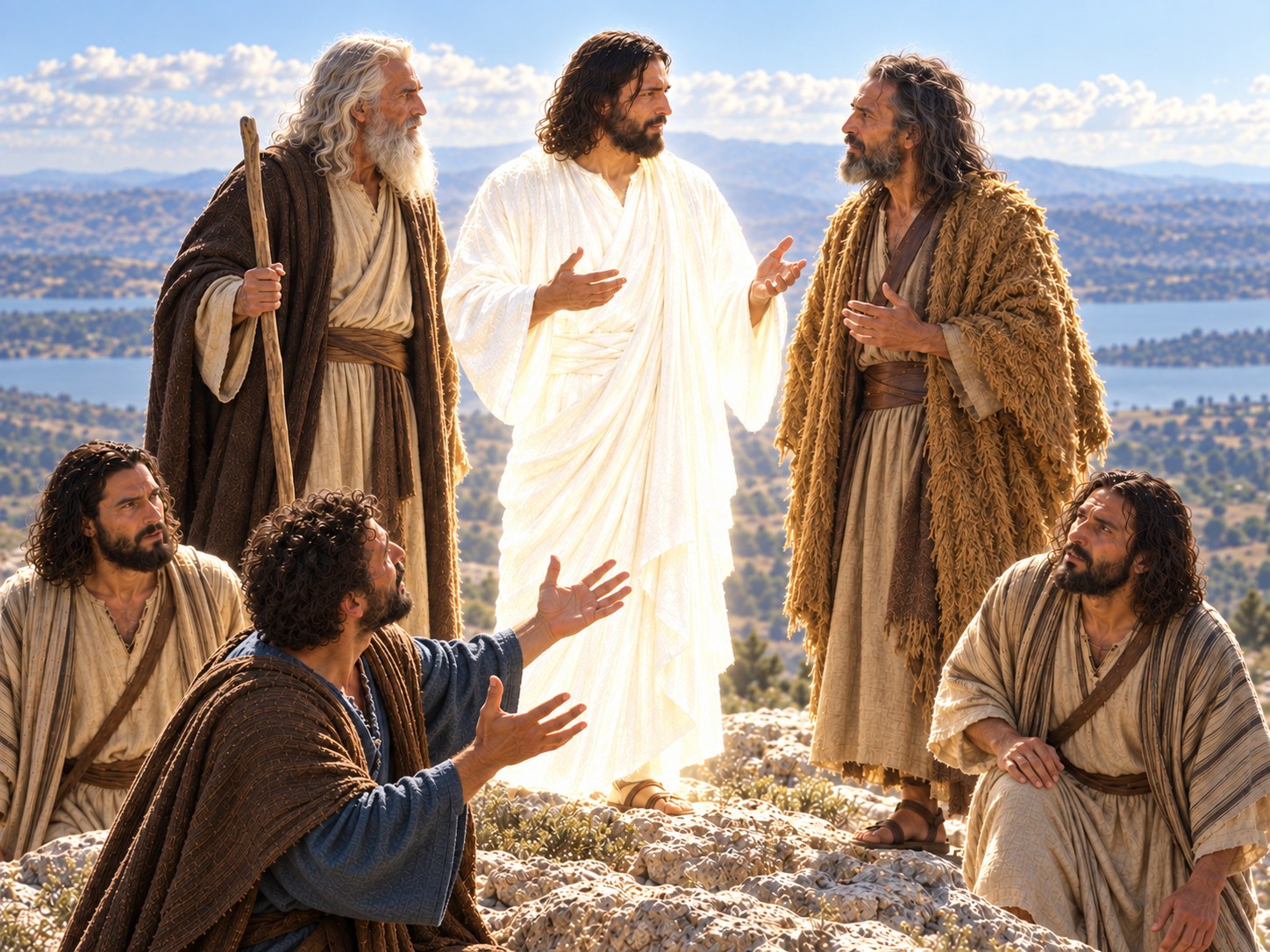 Pedro ajoelhado no alto de um monte, com as mãos estendidas, falando a Jesus, enquanto duas figuras luminosas estão de pé ao lado dele.