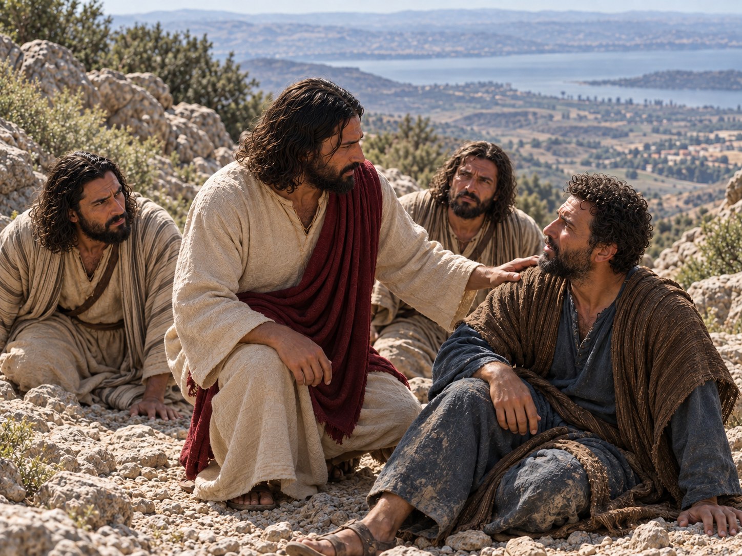 Jesus inclinado sobre três homens caídos no chão de um monte, com a mão pousada no ombro de um deles.