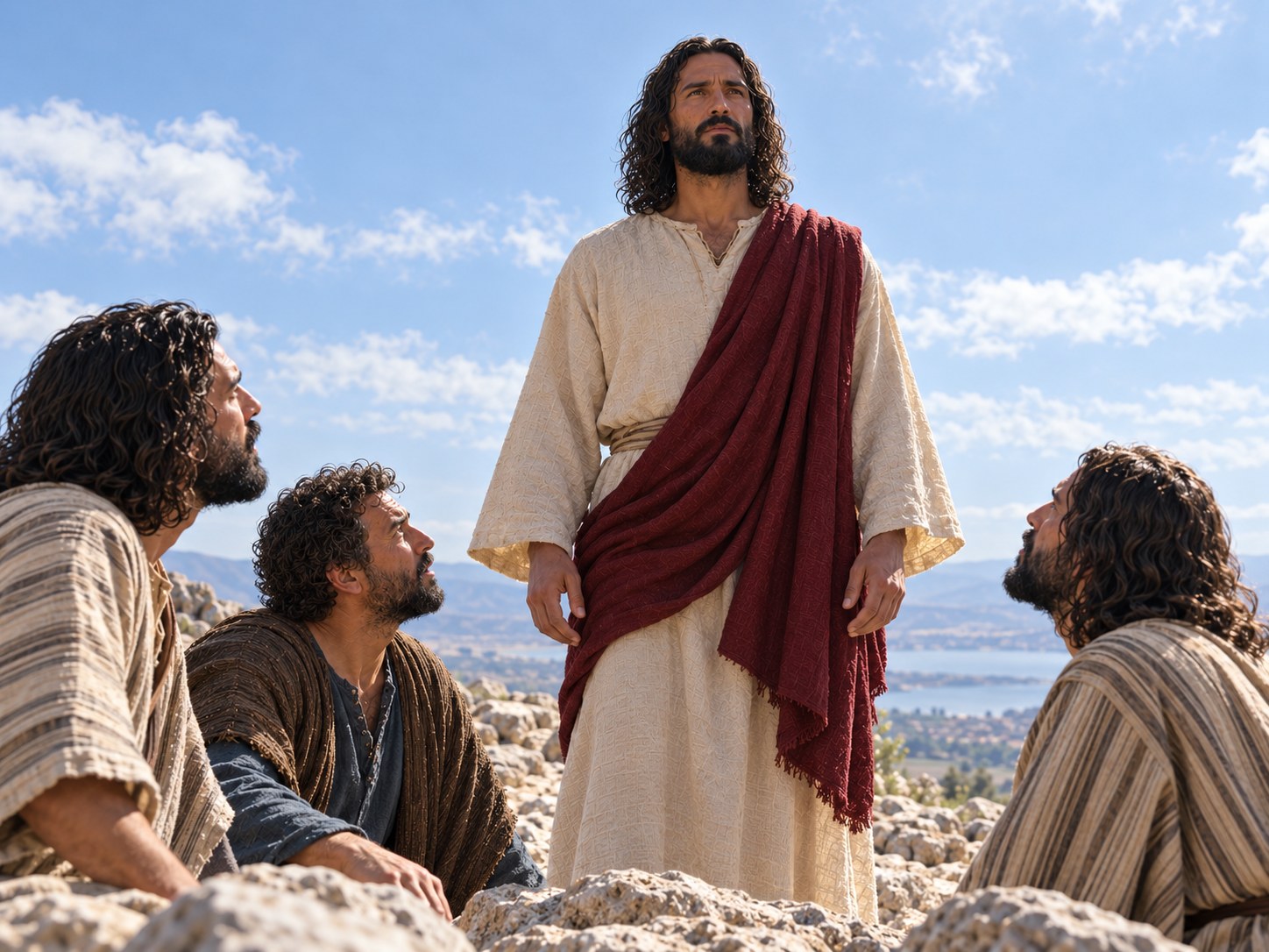 Três discípulos levantando a cabeça no alto de um monte ao amanhecer e vendo apenas Jesus de pé diante deles, sem luz nem nuvem.