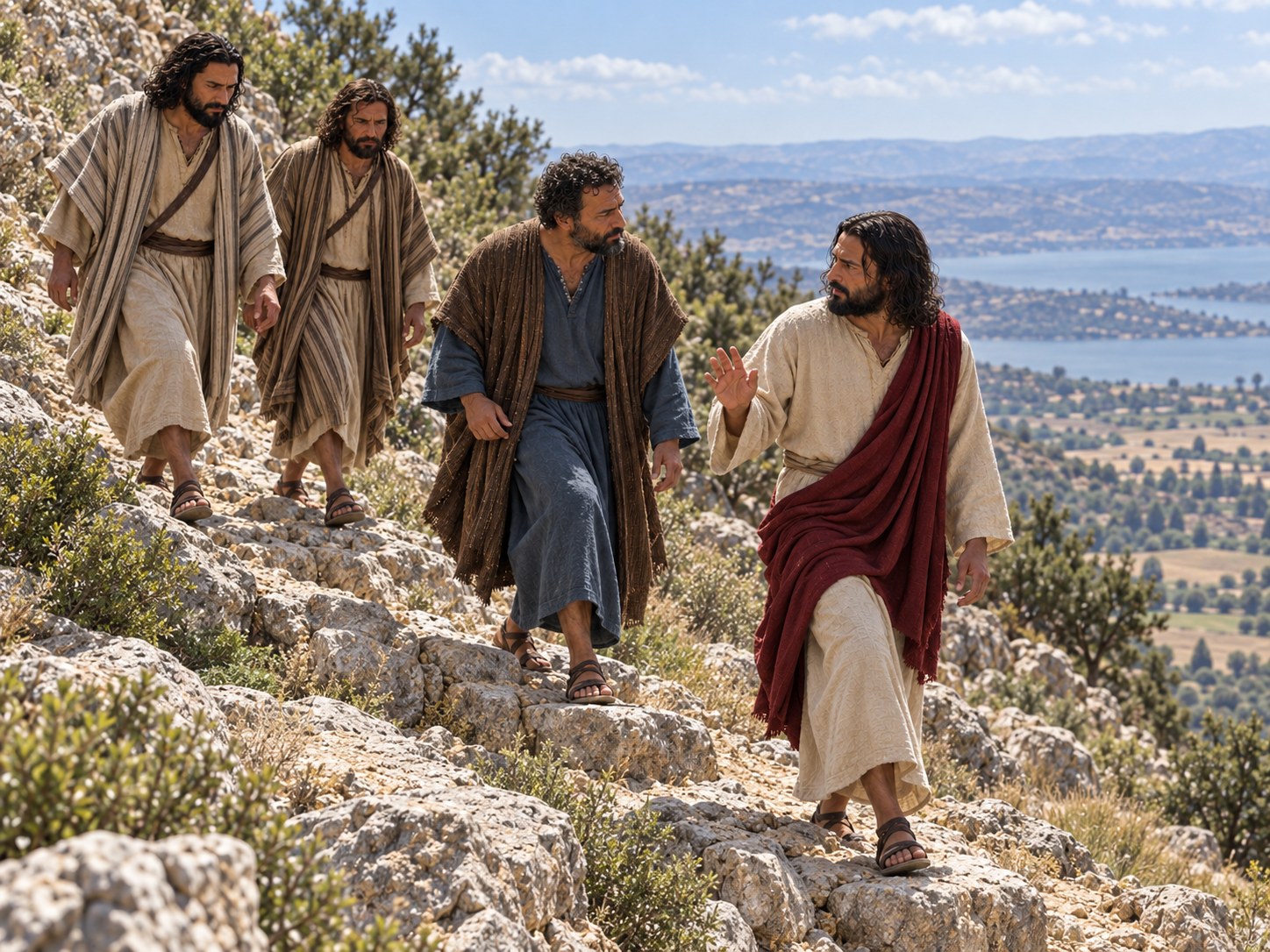 Jesus e três discípulos descendo uma encosta pedregosa ao entardecer, Jesus à frente voltando o rosto para eles com o dedo erguido junto aos lábios, o topo do monte ainda envolto em névoa atrás.