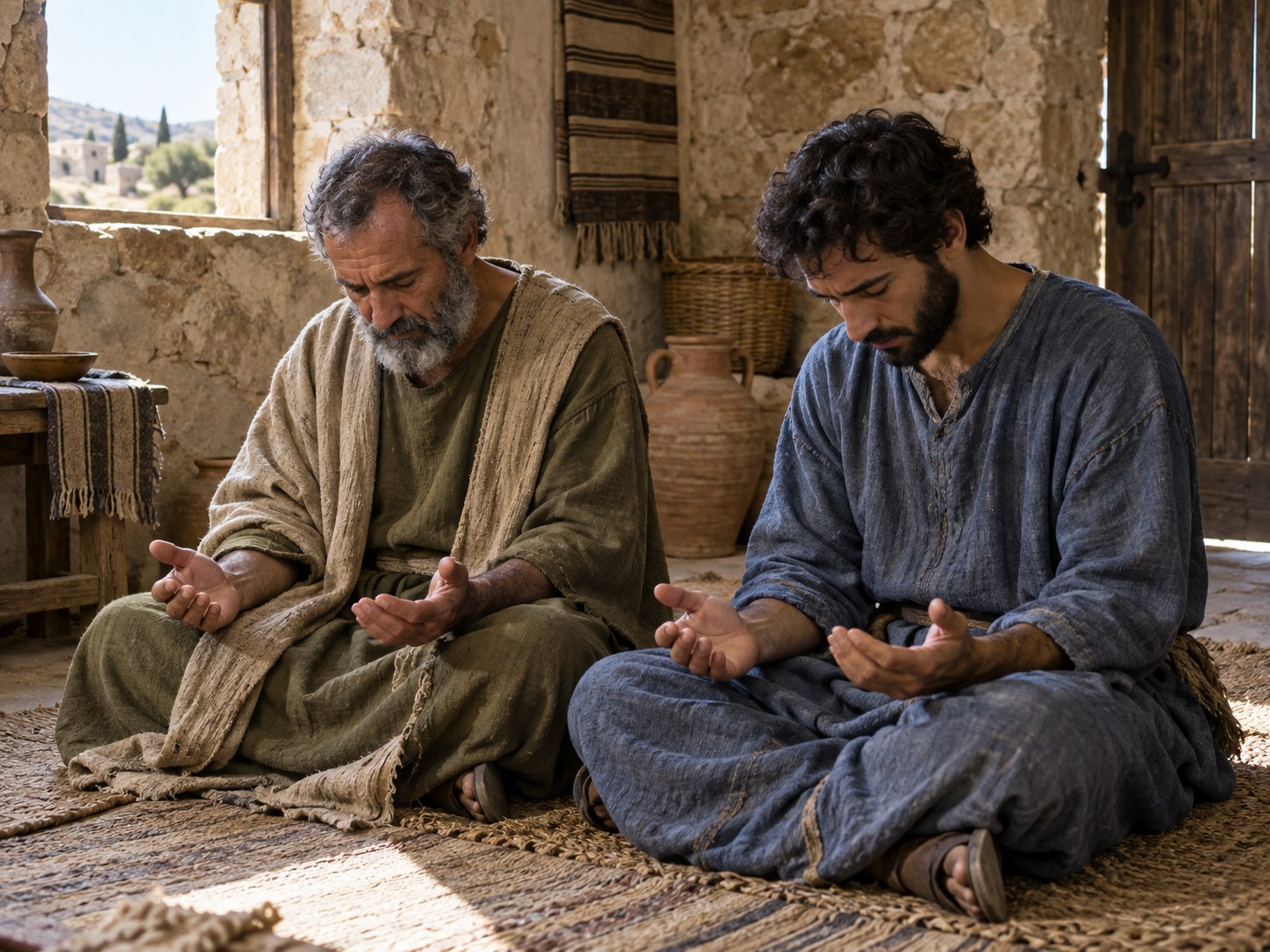 Duas pessoas sentadas frente a frente numa casa simples, de mãos dadas sobre a mesa e de olhos fechados, à luz de uma janela pequena.