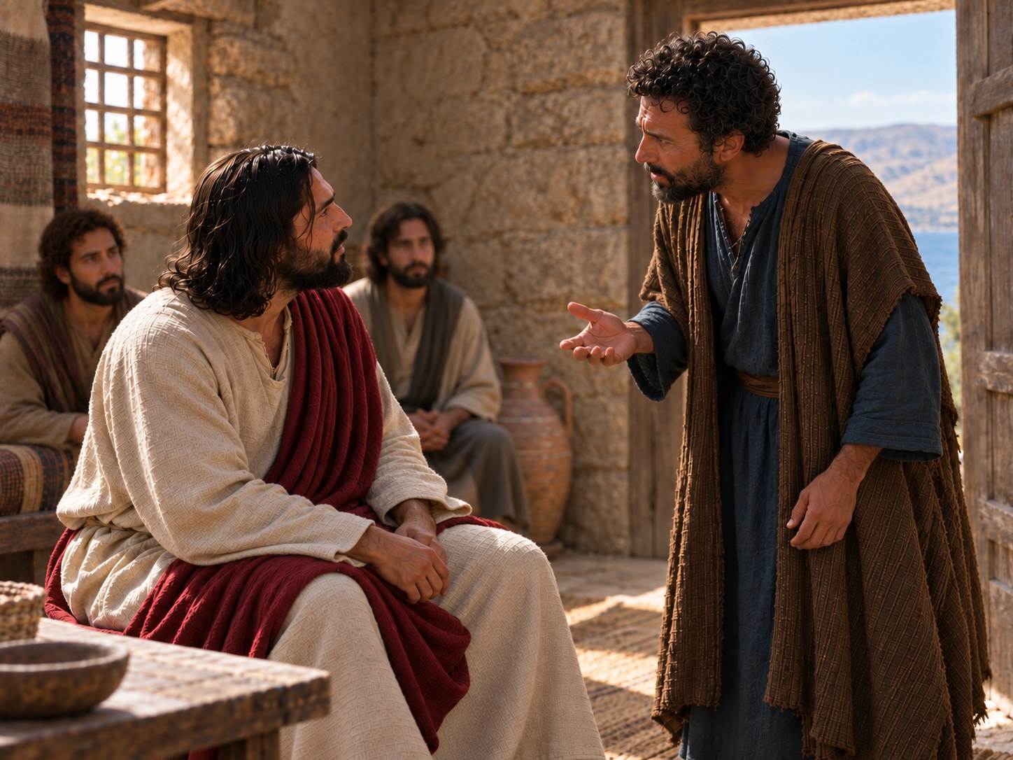 Pedro, em pé dentro de uma casa simples de Cafarnaum, dirige-se a Jesus sentado entre os discípulos, com a mão levantada como quem conta nos dedos.