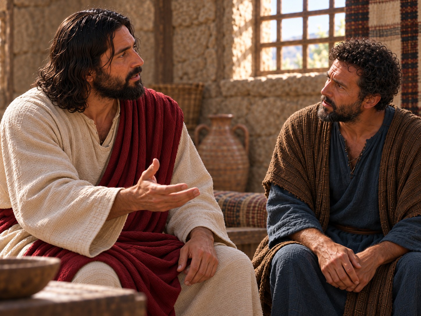 Jesus sentado numa casa de Cafarnaum, respondendo a Pedro com a mão aberta, enquanto os outros discípulos escutam em volta.