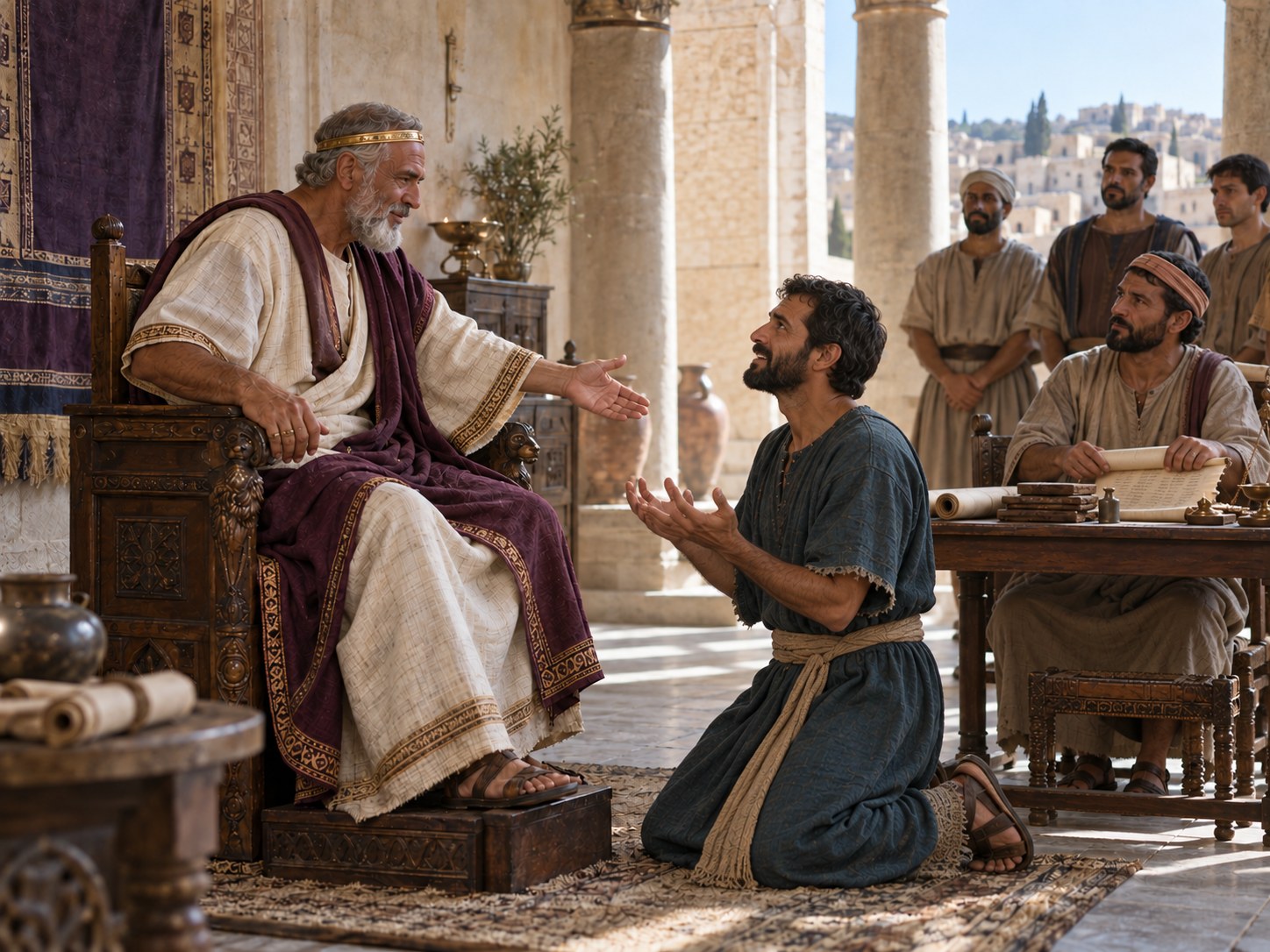 Um rei de pé estende a mão para levantar um homem ajoelhado à sua frente, enquanto um escriba ao lado risca com um grande X o rolo da dívida.