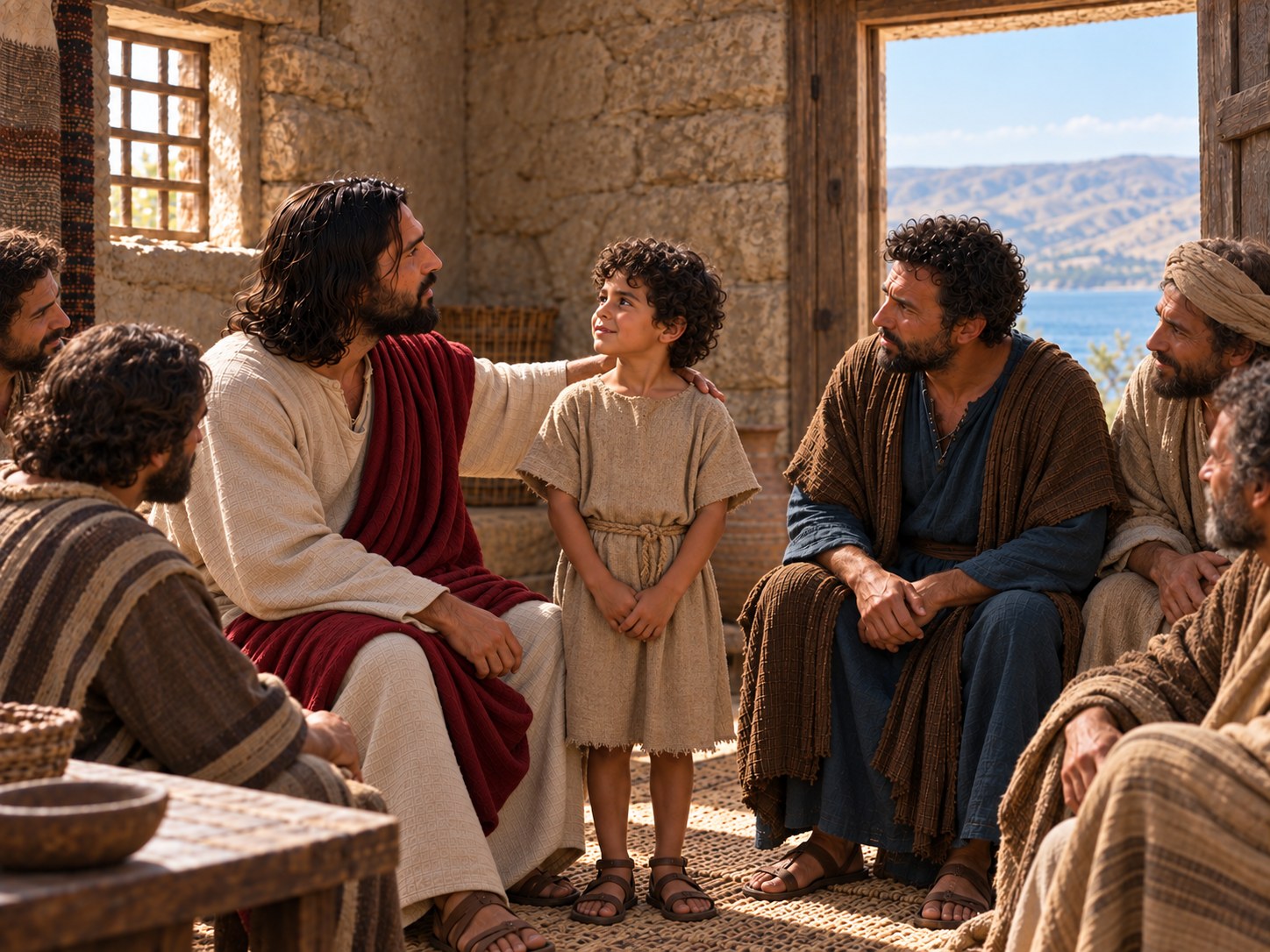 Uma criança pequena de pé no centro de uma roda de homens adultos sentados numa casa simples de pedra, com Jesus ao lado indicando-a com a mão.