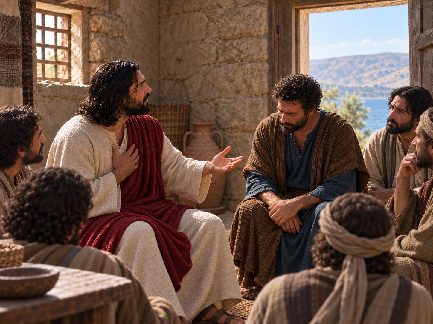 Jesus sentado ao ar livre fala a um grupo de discípulos atentos; Pedro, à frente, olha para o chão, pensativo.