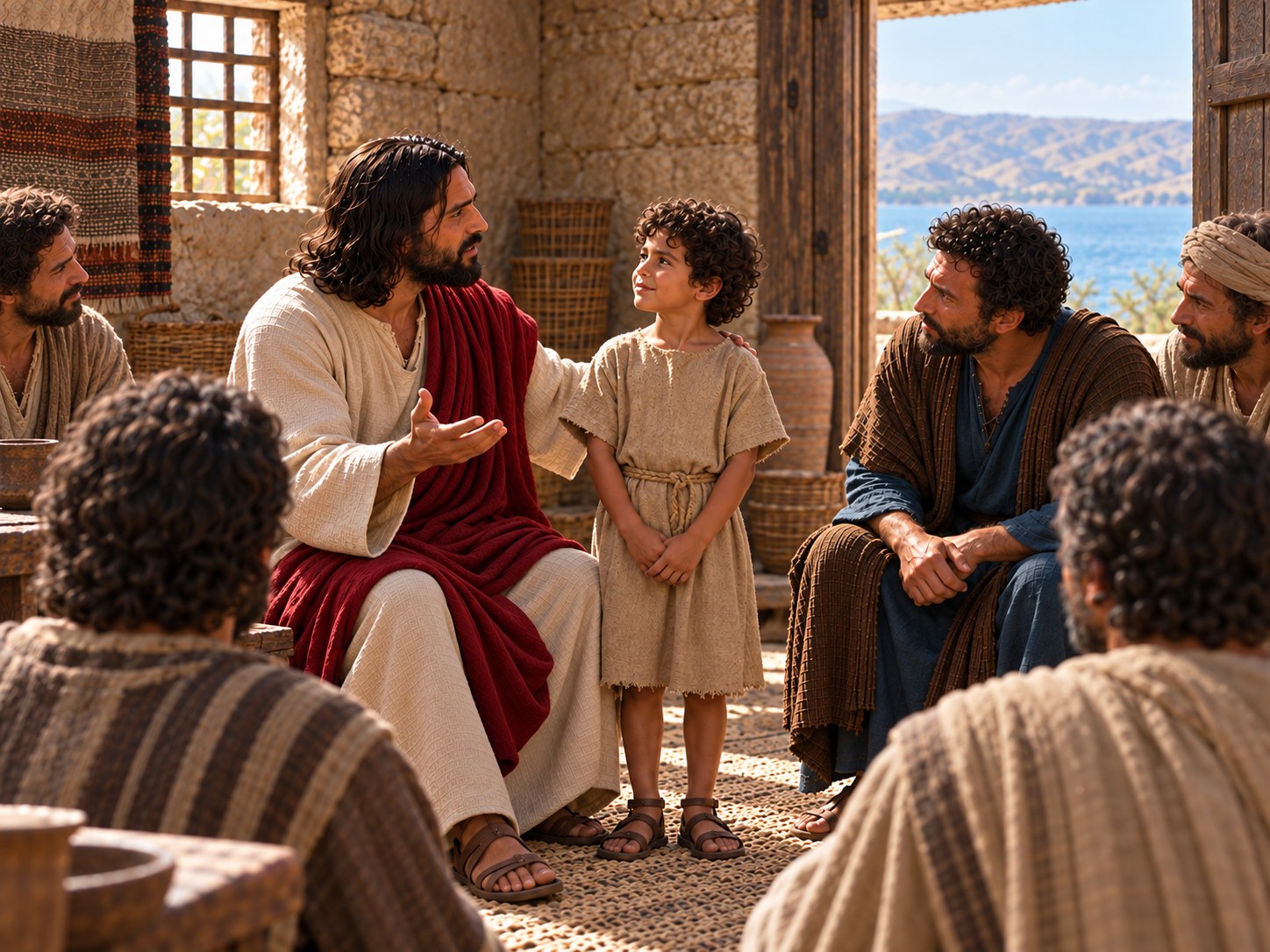 Jesus sentado falando aos discípulos, com uma criança de pé ao lado dele, enquanto os homens adultos ouvem com expressão séria.