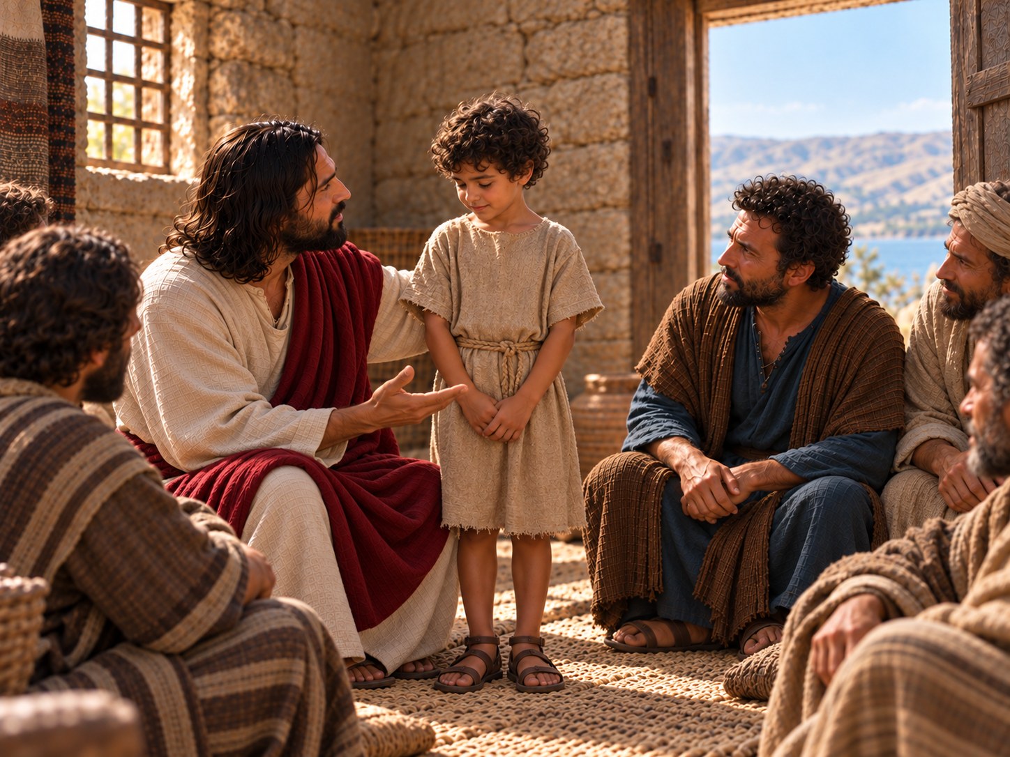 Jesus com a mão pousada no ombro de uma criança de pé no centro da roda, olhando para os discípulos sentados ao redor.