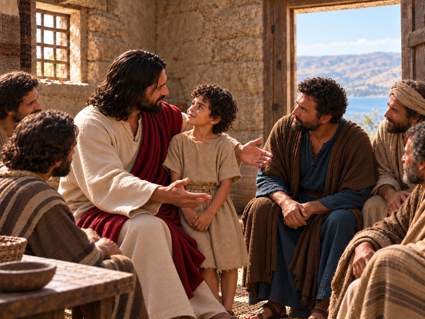 Um homem à porta de uma casa simples acolhendo uma criança pequena pela mão, enquanto Jesus e os discípulos observam de dentro.