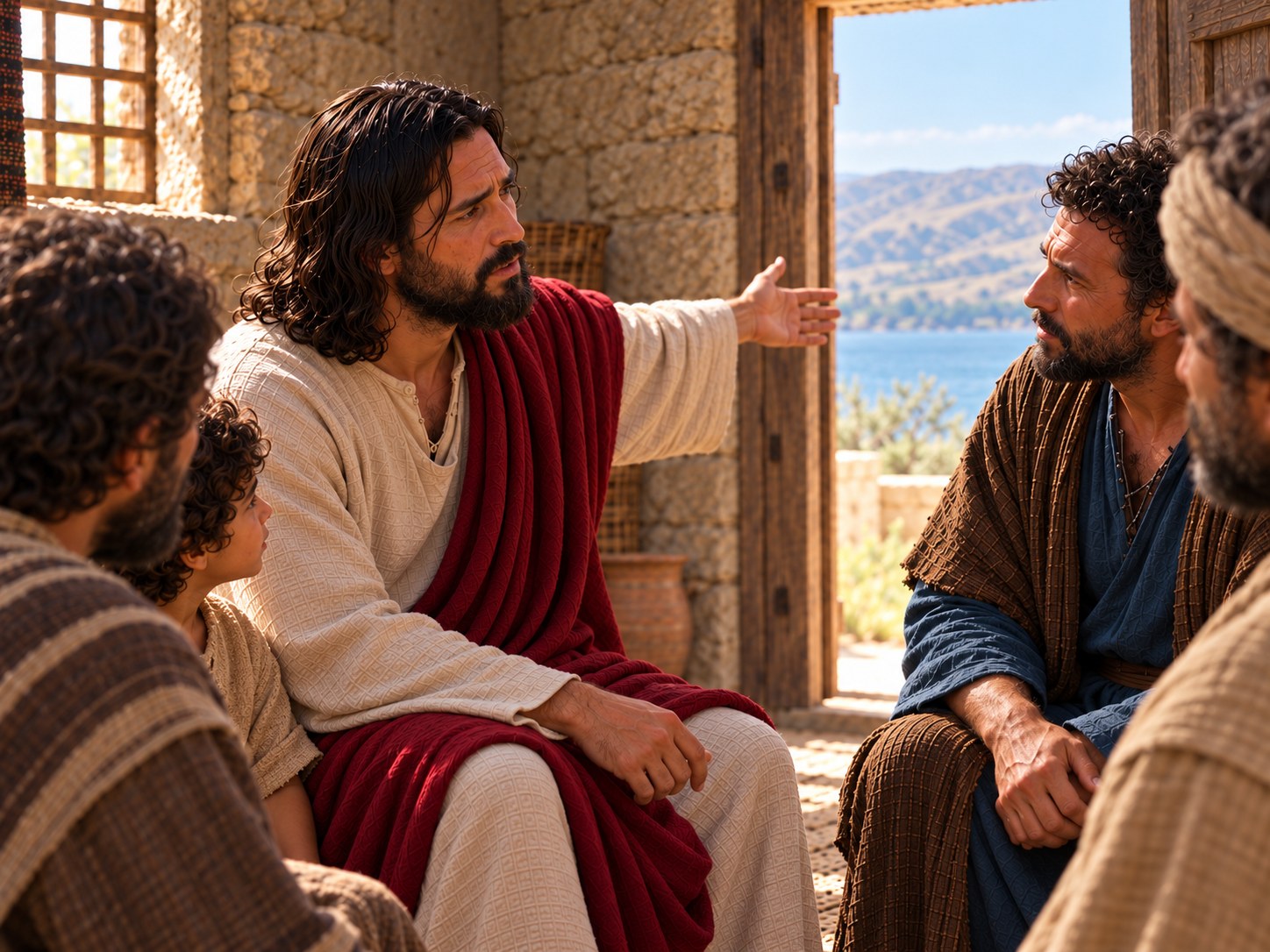 Um caminho de pedra na Galileia com uma pedra saliente no meio, um homem tropeçando nela ao fundo, e Jesus falando aos discípulos em primeiro plano.