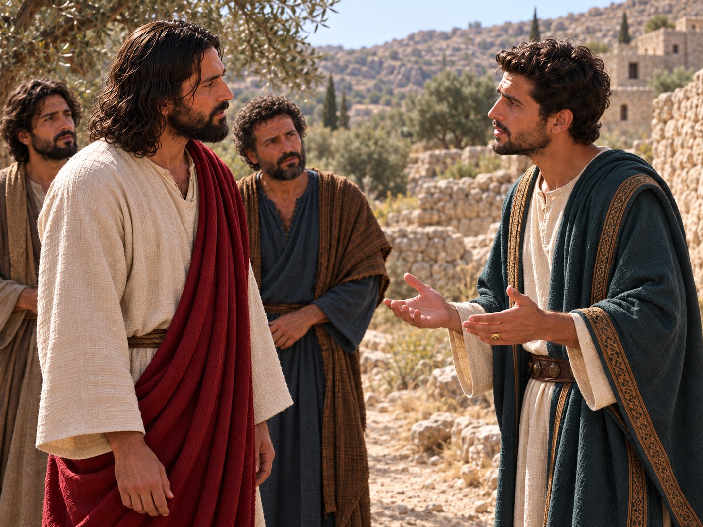 Um homem se aproxima de Jesus em um caminho da Judeia e lhe faz uma pergunta, com discípulos ao fundo.