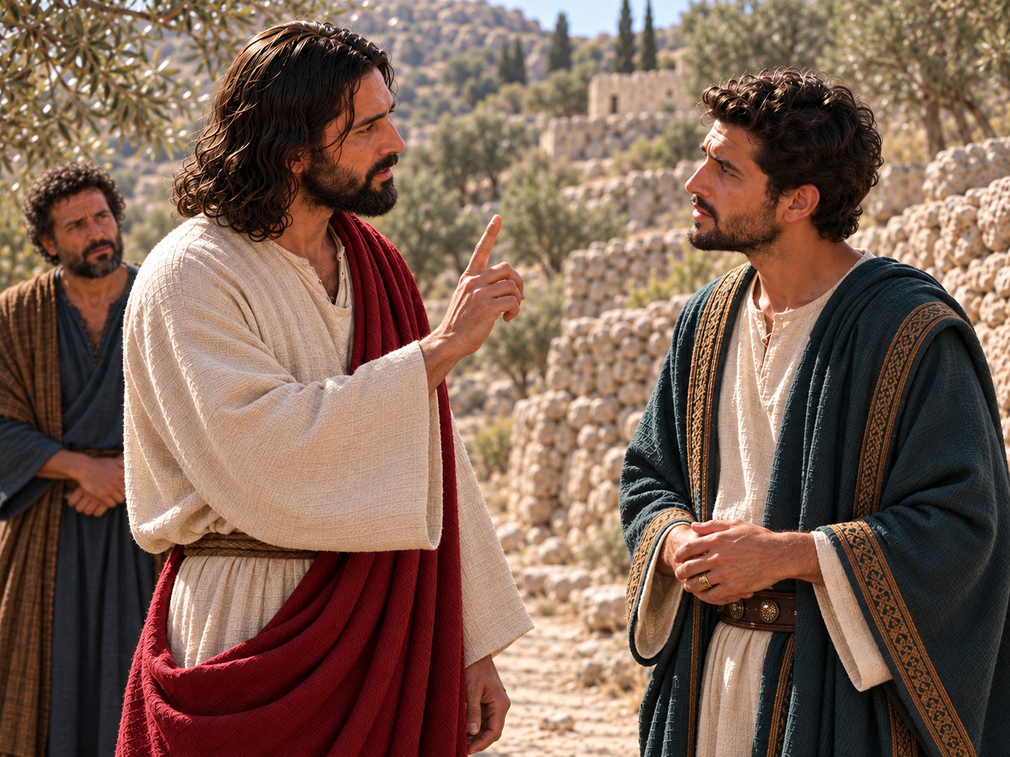 Jesus responde a um homem em pé diante dele, num caminho da Judeia, com discípulos observando.