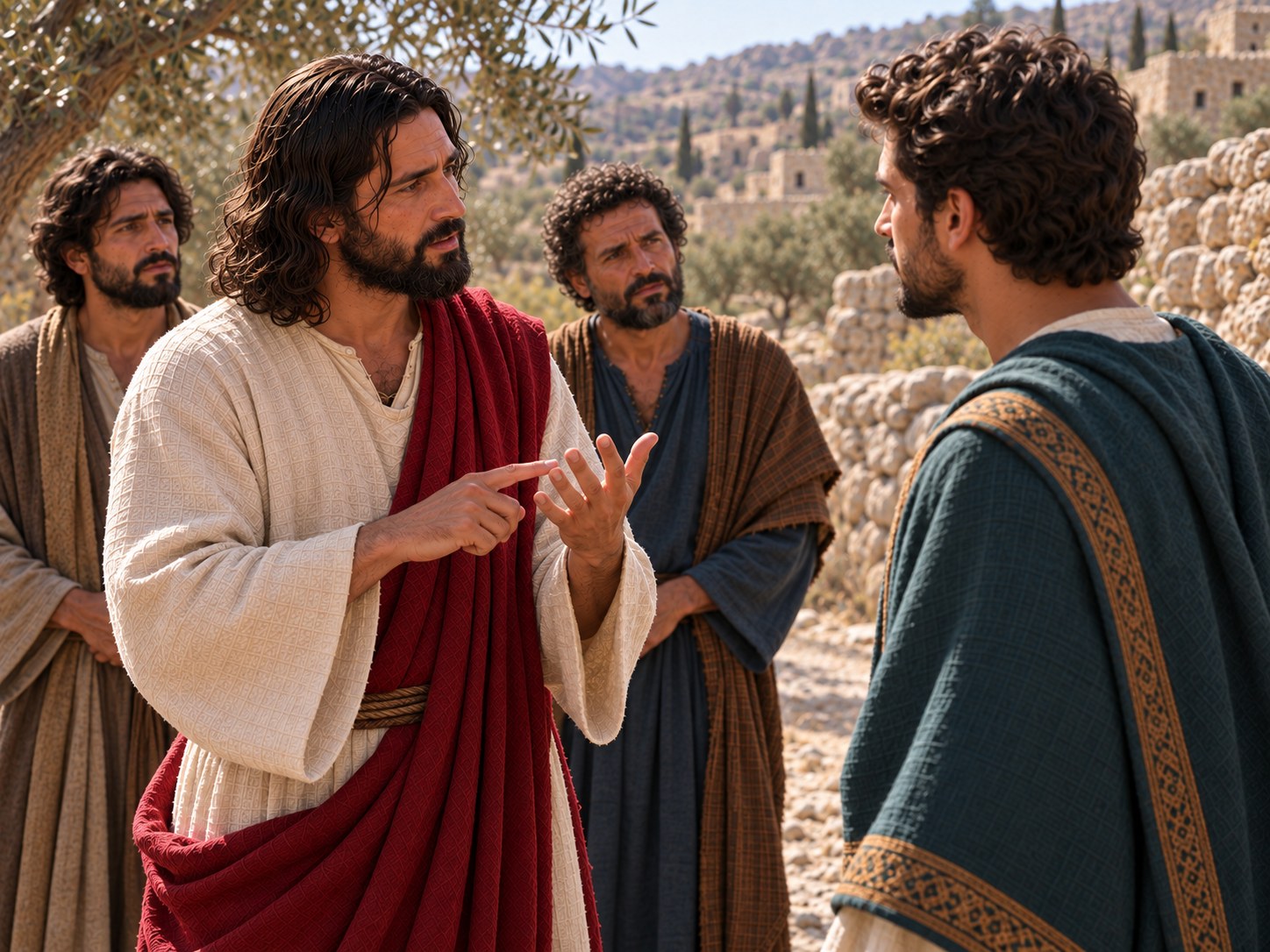 Jesus enumera mandamentos diante de um homem que escuta, num caminho da Judeia.
