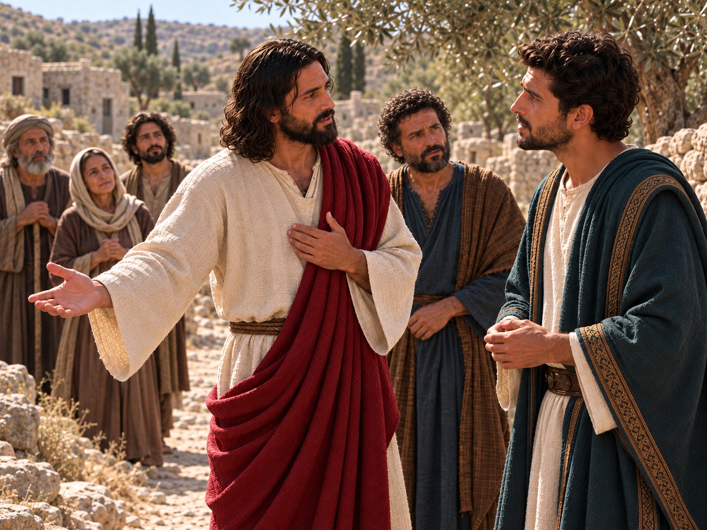 Jesus conclui a lista dos mandamentos diante de um homem atento, num caminho da Judeia.