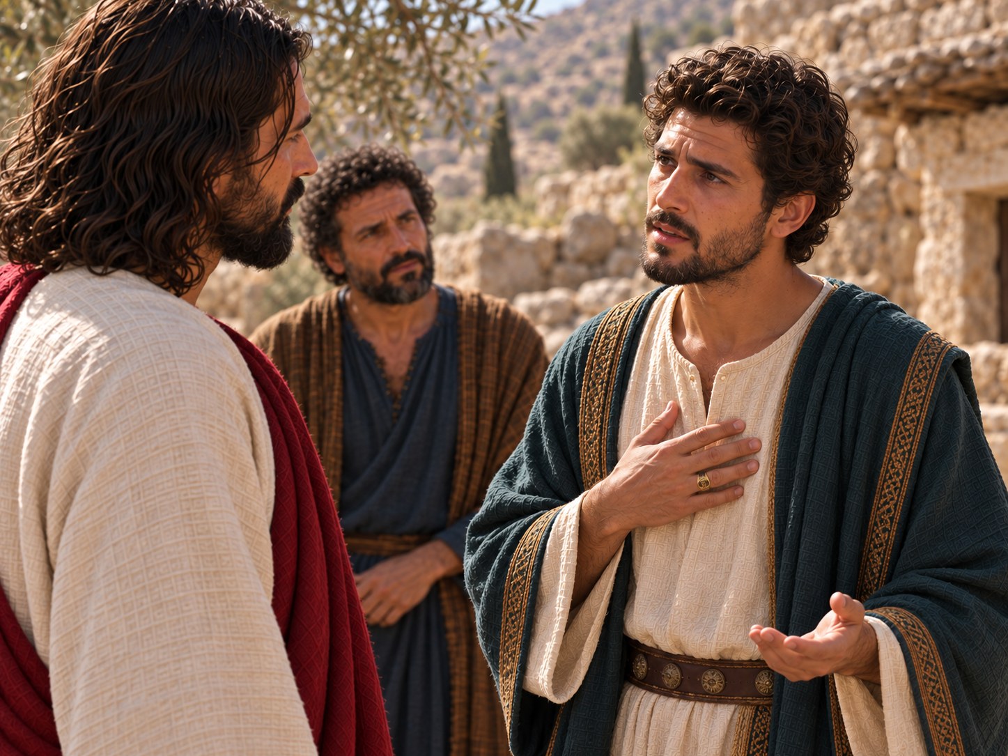 Um jovem responde a Jesus num caminho da Judeia, com a mão sobre o peito, enquanto discípulos escutam.