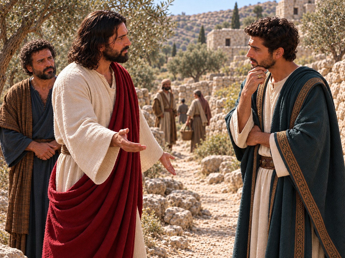 Jesus estende a mão em direção a um caminho enquanto fala a um jovem parado diante dele, na Judeia.