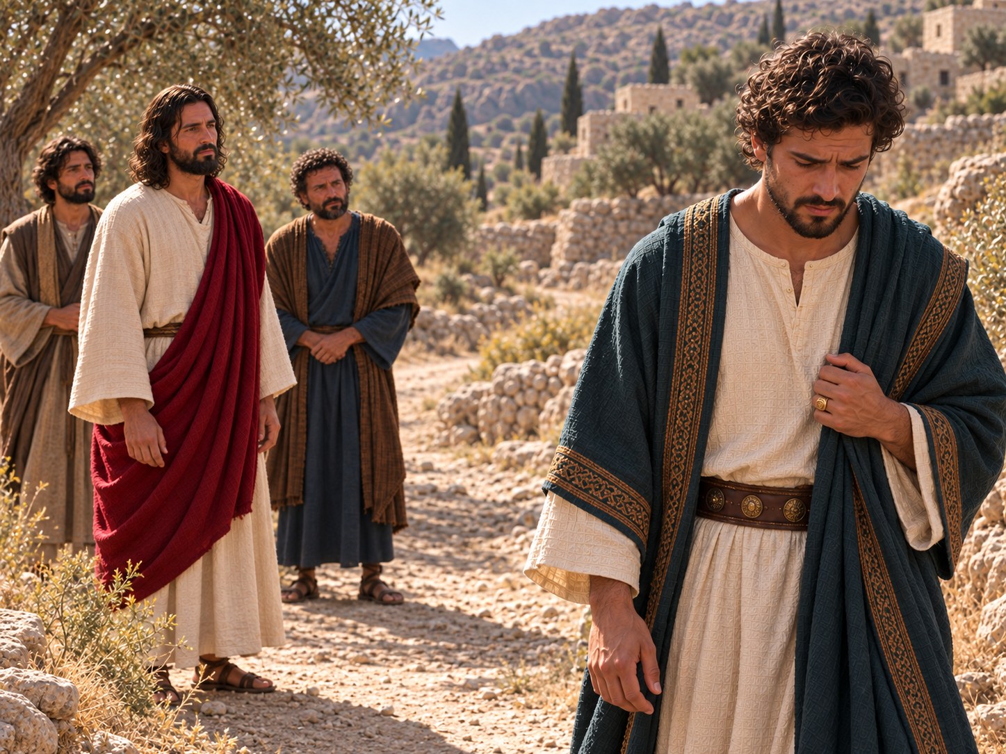Um jovem de costas se afasta por um caminho da Judeia, com Jesus e os discípulos ao fundo.