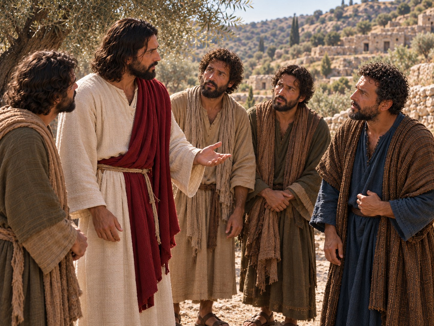 Jesus fala aos discípulos numa estrada da Judeia enquanto, ao fundo, um homem bem vestido se afasta de costas.