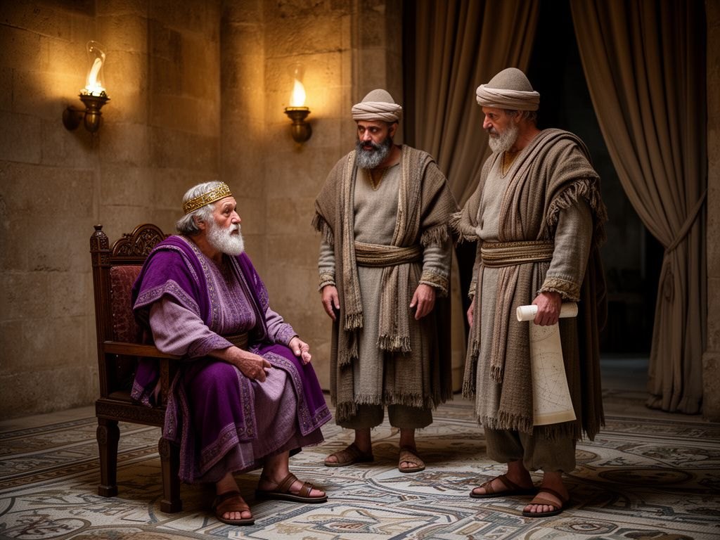 Herodes recebendo os magos em segredo para saber o tempo da estrela, cena de Mateus 2:7