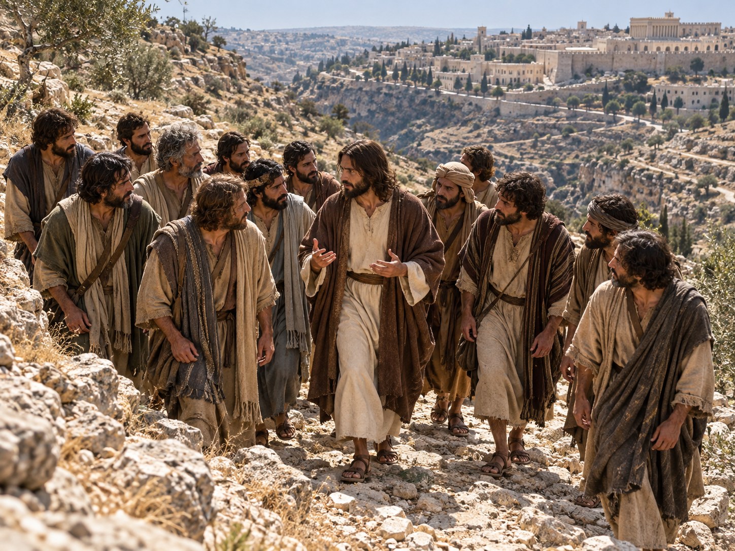 Jesus reúne os doze discípulos à beira de uma estrada de terra que sobe entre montes áridos, enquanto ao fundo uma caravana de peregrinos segue rumo a Jerusalém