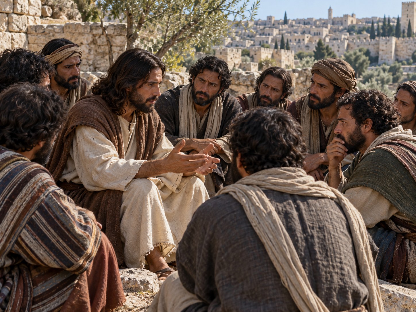 Jesus fala aos doze numa estrada em subida, apontando para os muros distantes de Jerusalém, enquanto peregrinos passam ao lado com cordeiros e cestos