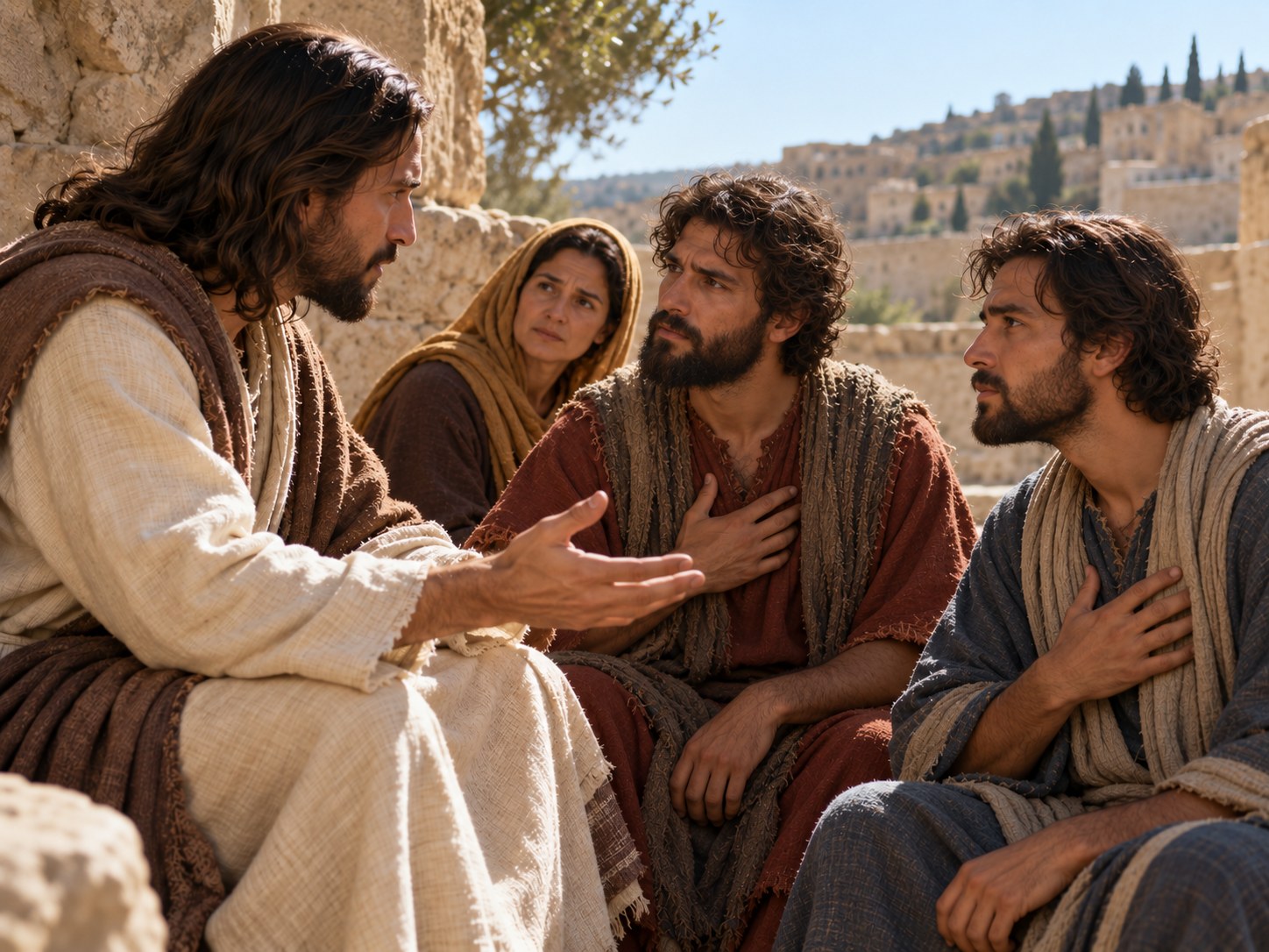 Jesus responde a Tiago e João no caminho para Jerusalém, com a mãe deles ao lado, enquanto pergunta se podem beber o cálice que ele vai beber