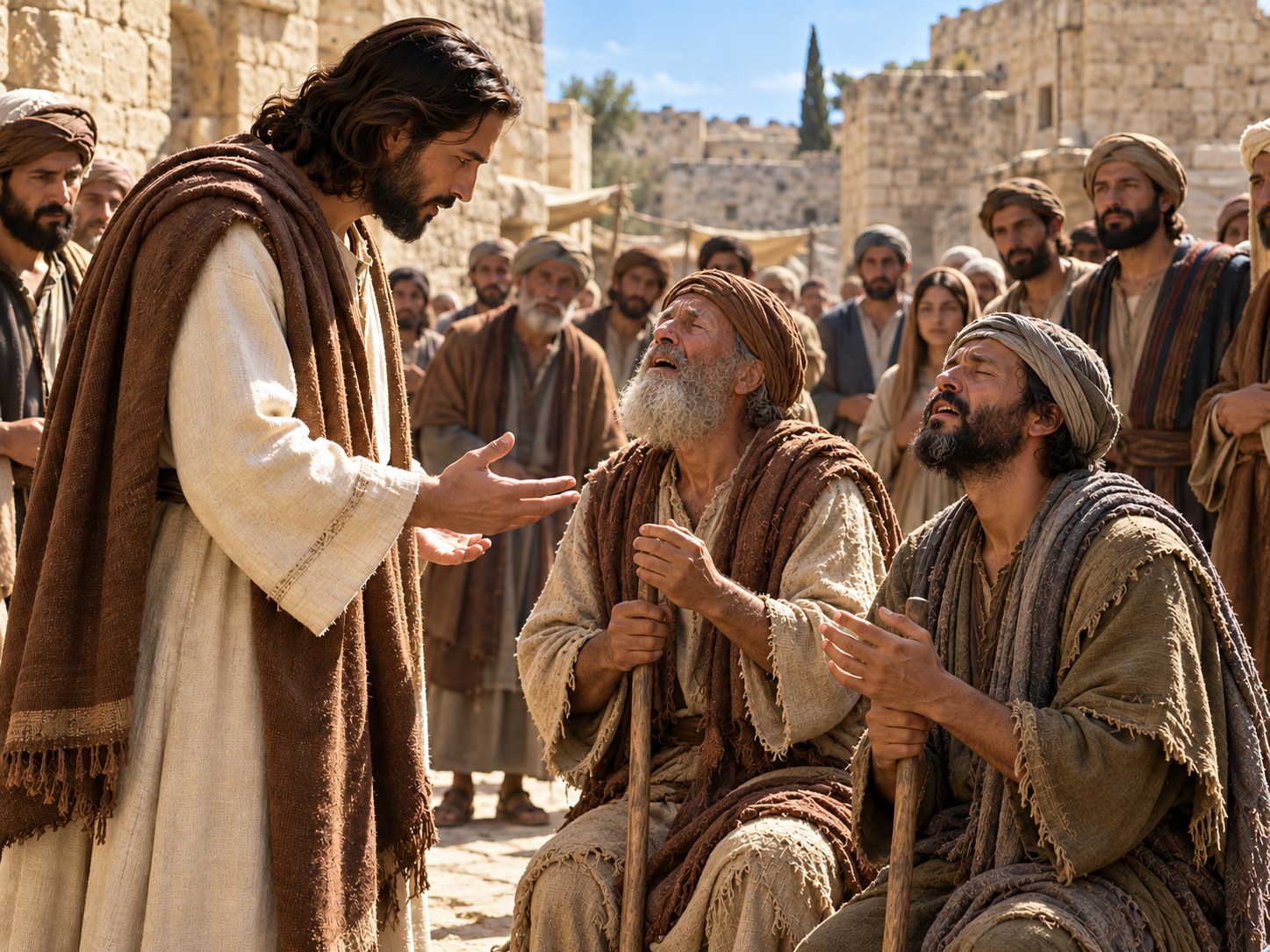 Na estrada de Jericó para Jerusalém, uma multidão a pé para no meio da marcha enquanto Jesus, detido no caminho, se volta para dois mendigos cegos sentados na beira do caminho.