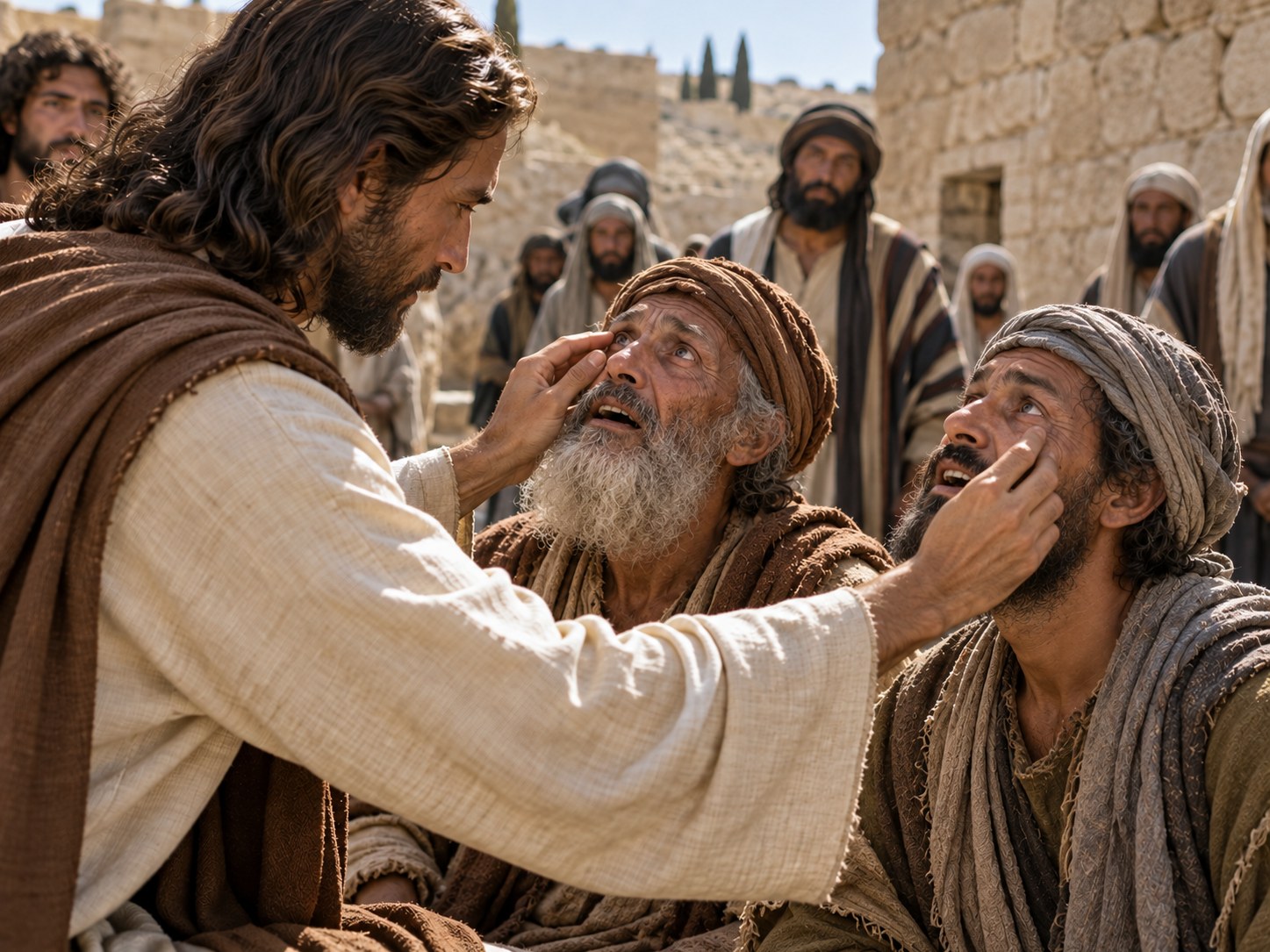 Na beira da estrada de Jericó, Jesus encosta as mãos nos olhos de dois mendigos, que em seguida se levantam e caminham atrás dele na subida para Jerusalém.