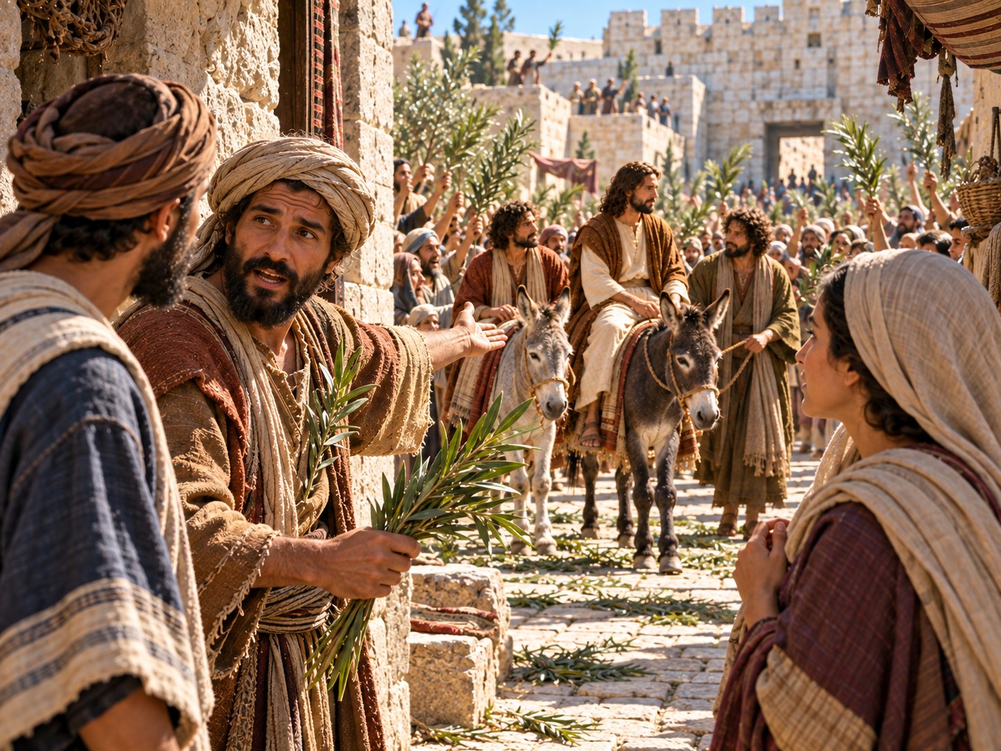 Peregrinos galileus empoeirados da estrada, com ramos nas mãos, explicando a moradores de Jerusalém que se aproximam desconfiados quem é o homem que vem montado no meio do cortejo.