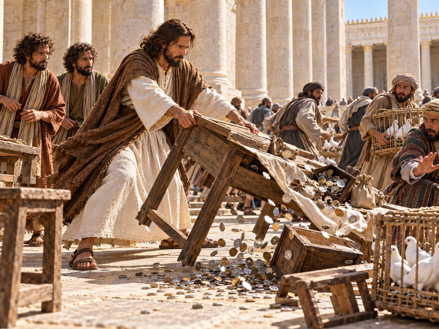 No pátio de colunas do templo de Jerusalém, Jesus derruba uma mesa de cambista, com moedas caindo no chão de pedra, enquanto vendedores de pombas se levantam assustados dos seus assentos ao lado das gaiolas e peregrinos recuam.