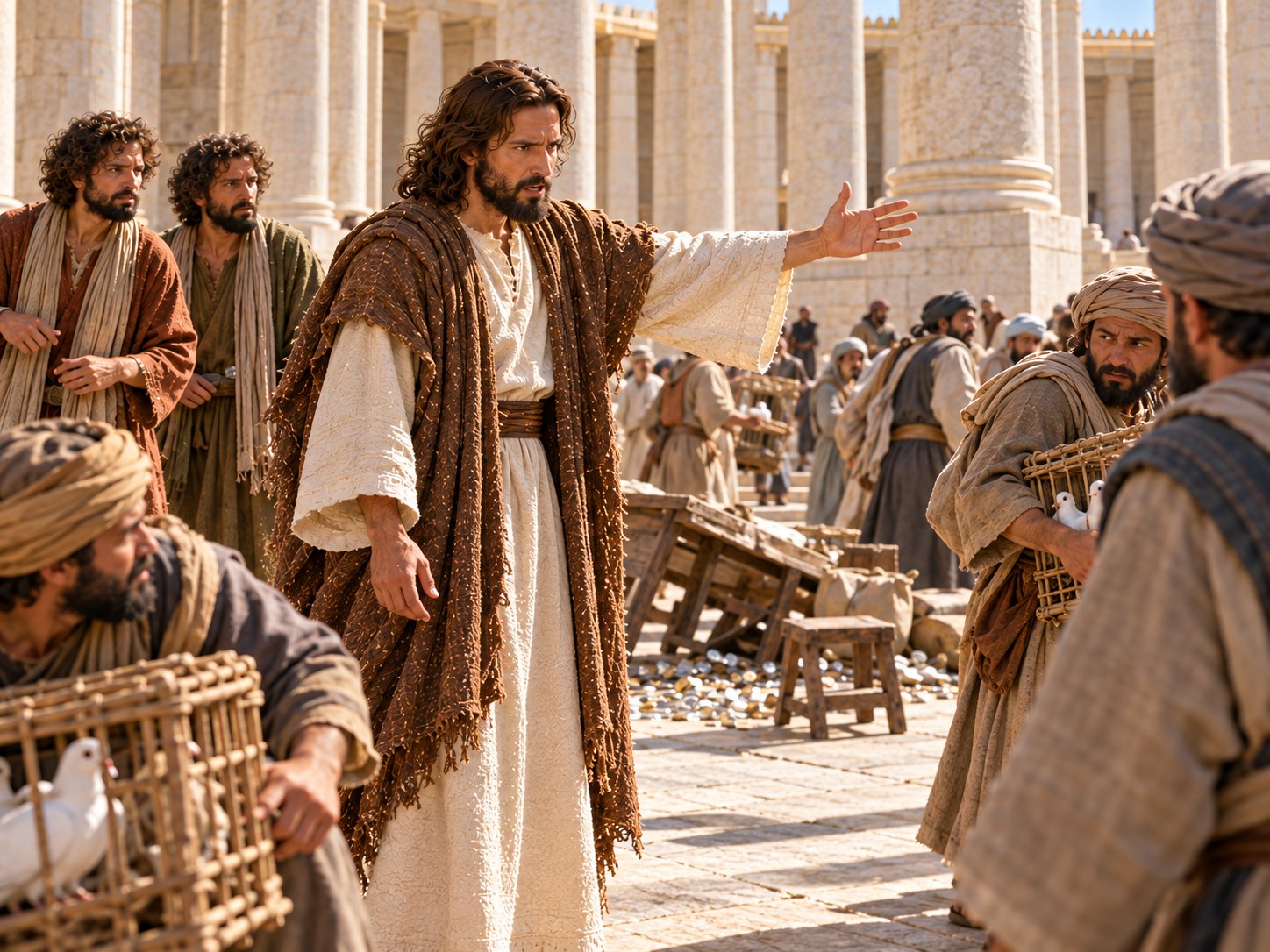Jesus em pé no pátio do templo de Jerusalém, entre mesas viradas e moedas espalhadas, apontando para o santuário enquanto comerciantes recuam.