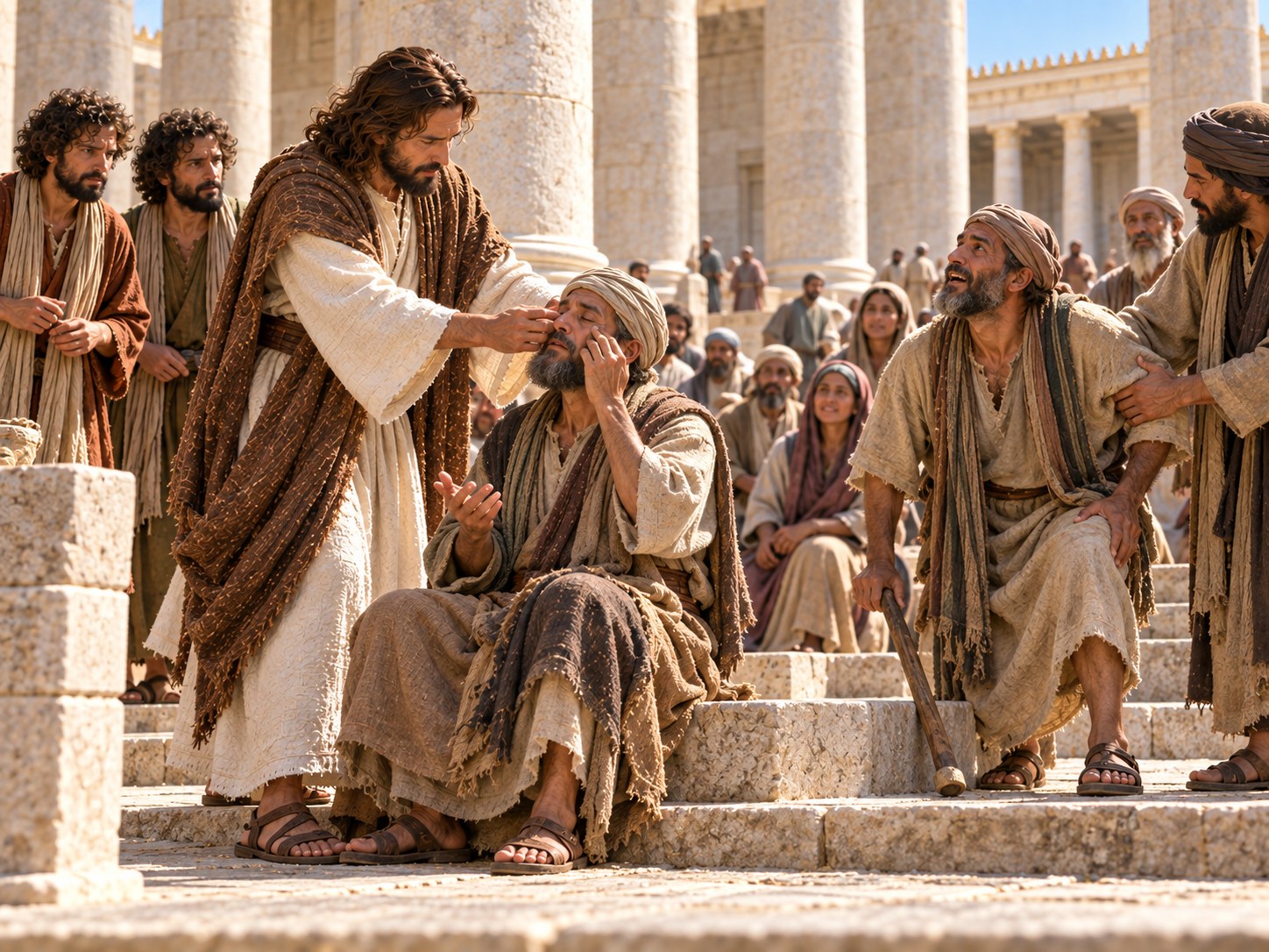 Um cego com um cajado e um homem de muletas atravessando o pátio do templo de Jerusalém em direção a Jesus, com mesas viradas ao fundo.