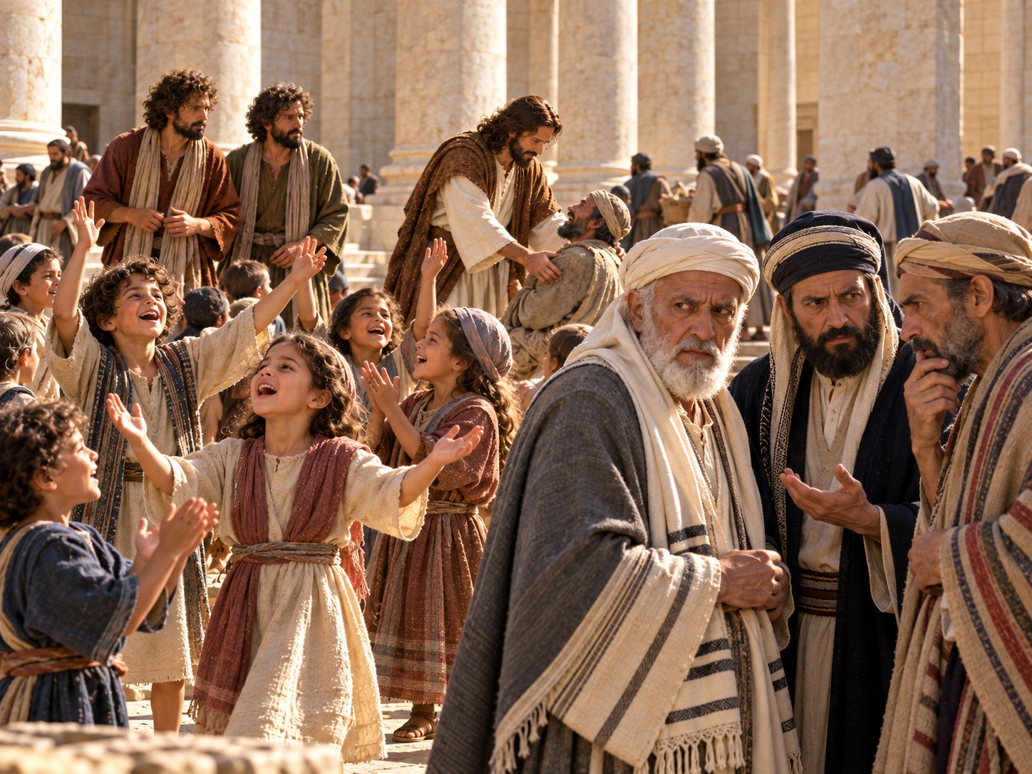Meninos de túnica gritando com as mãos erguidas no pátio do templo de Jerusalém, enquanto sacerdotes de vestes ricas os observam de cara fechada.