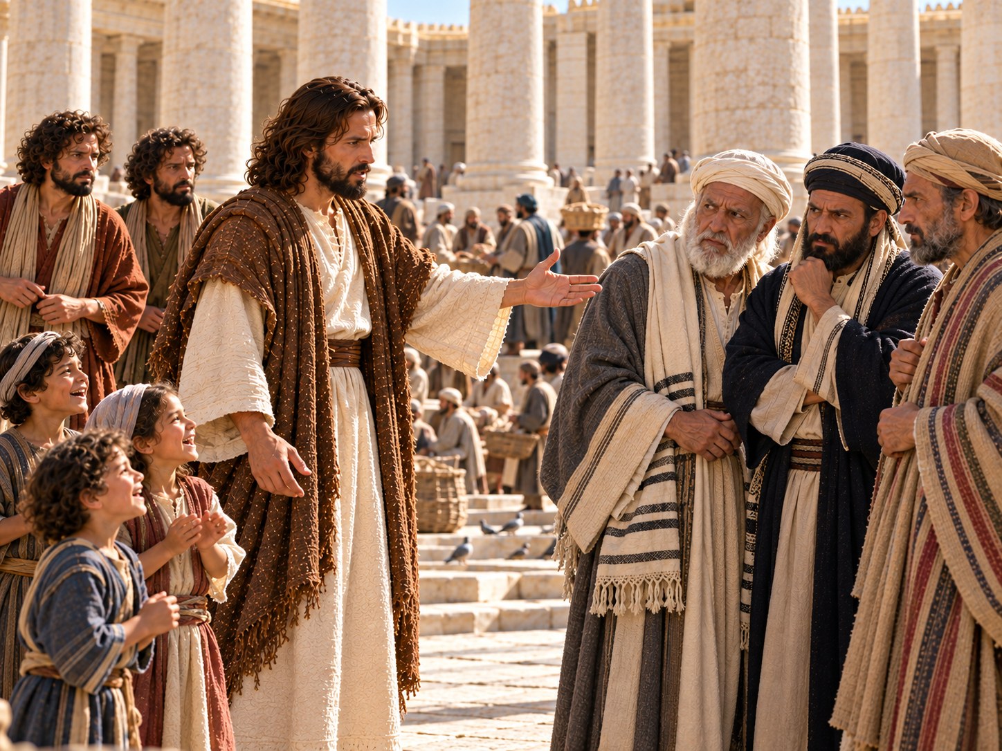 No pátio do templo de Jerusalém, meninos gritam com os braços erguidos enquanto sacerdotes de túnicas finas, indignados, apontam para eles diante de Jesus, que os ouve com calma.
